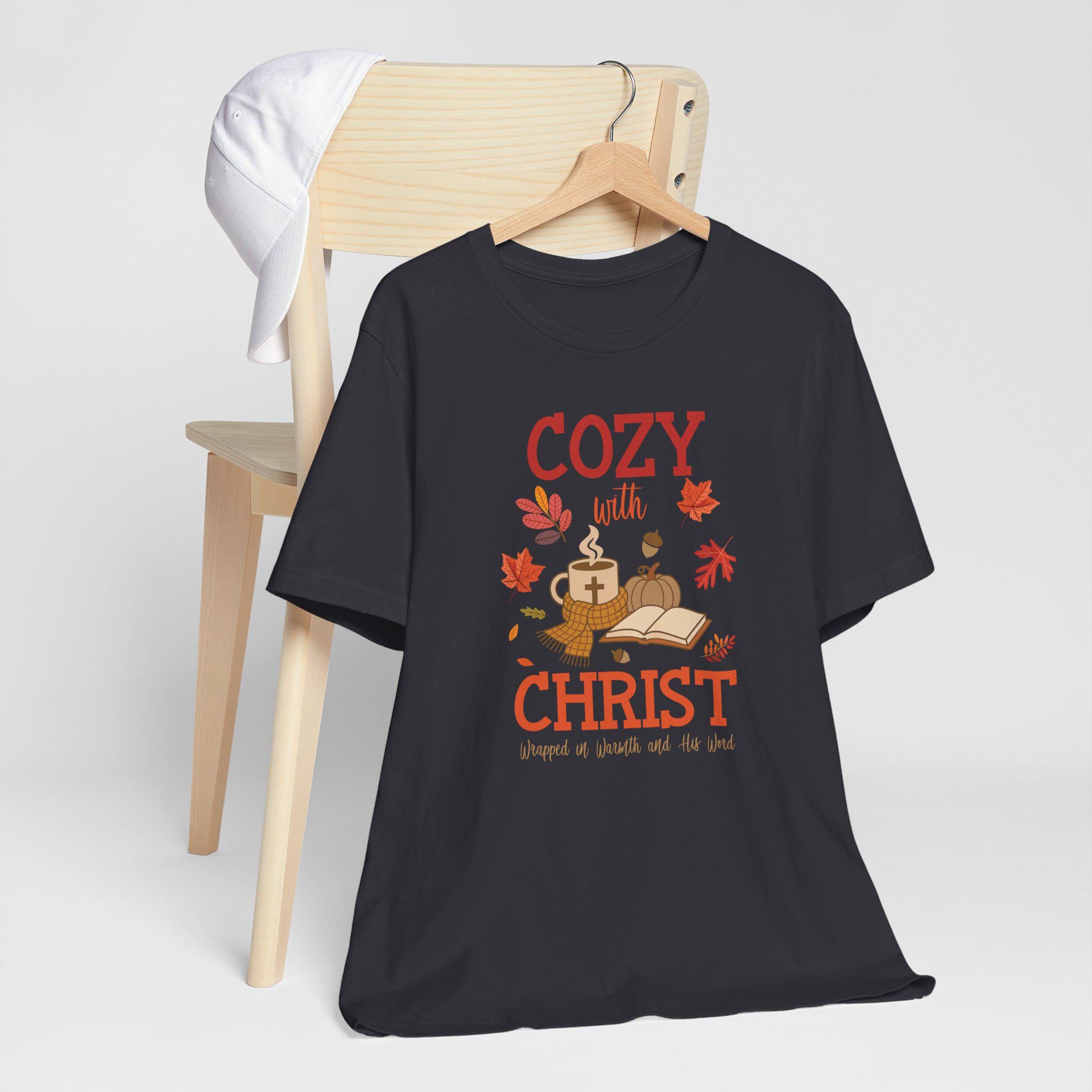 Cozy with Christ Fall Christian T-Shirt, Warmth and Comfort Tee, Pumpkin Spice Christian Shirt, Bible Study Women's Tee, Faith Gift for Her