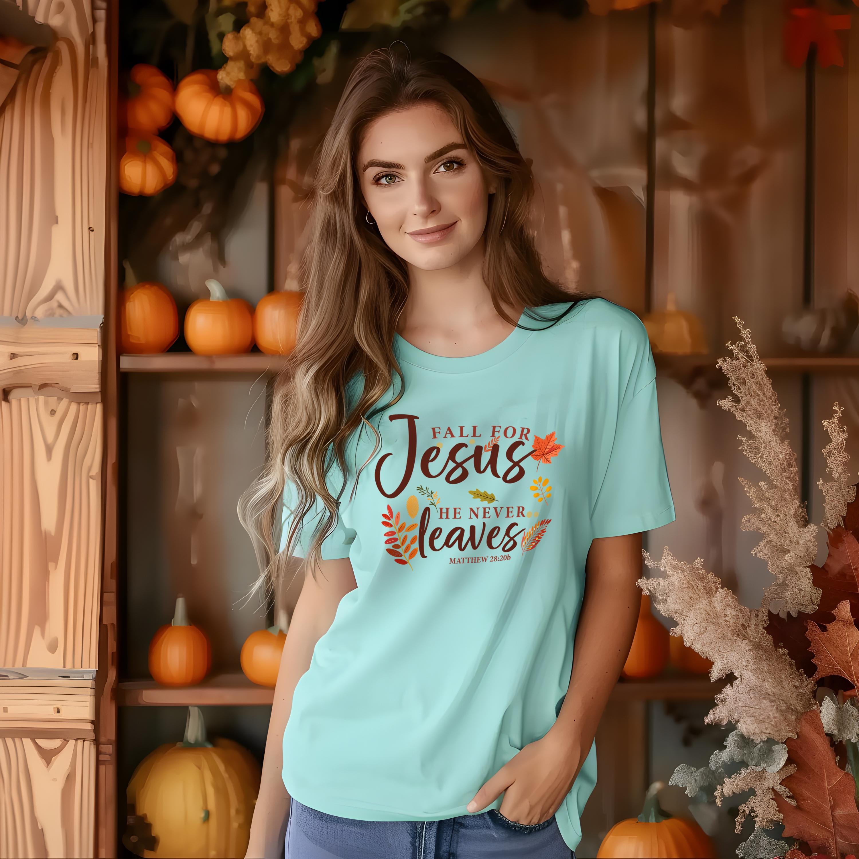 Fall for Jesus He Never Leaves T-Shirt - Matthew 28:20b Christian Fall Tee, Autumn Faith Shirt for Women, Christian Womens Fall T-Shirt