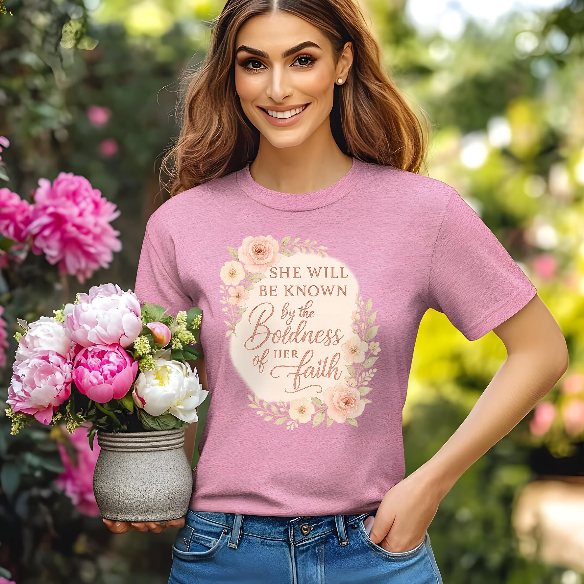 She Will Be Known by the Boldness of Her Faith Christian Womens T-Shirt, Elegant Floral Bible Verse Tee, Inspirational Faith Shirt for Women