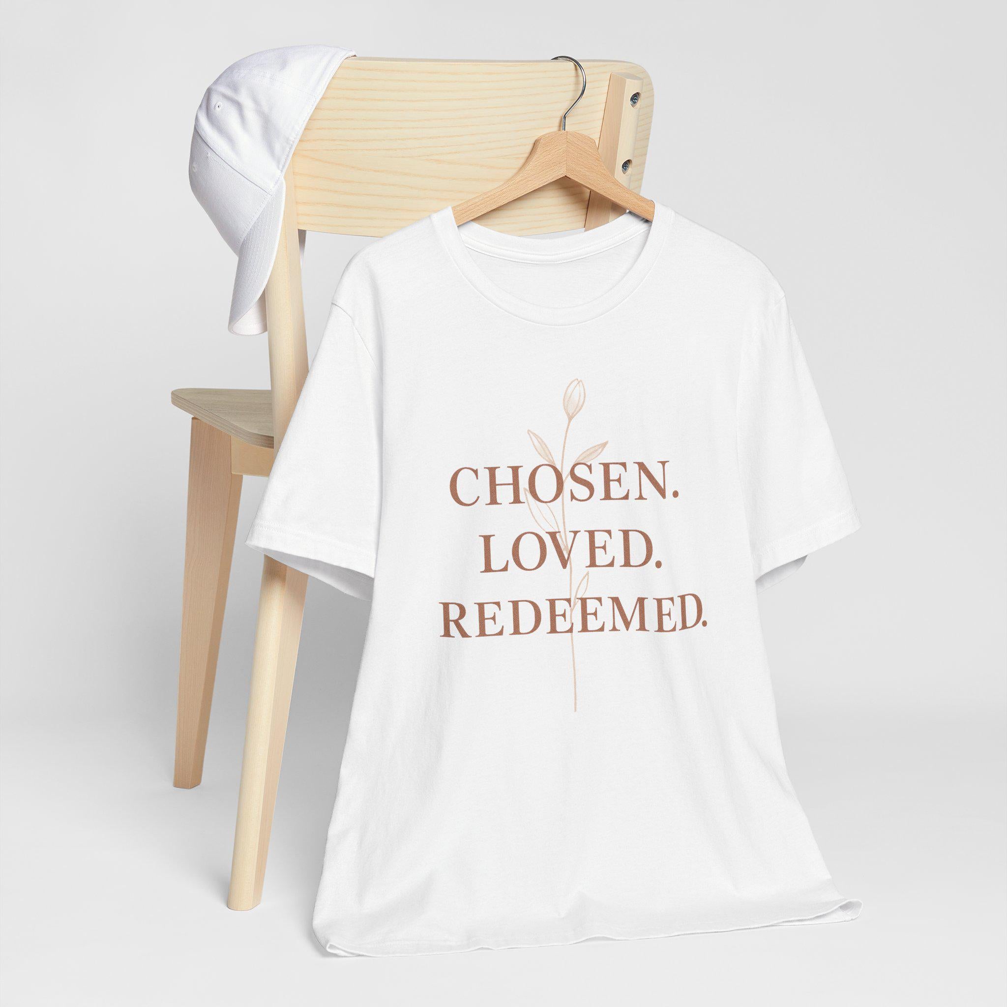 Chosen. Loved. Redeemed. Womens Christian T-Shirt - Faith Inspiration Tee, Minimalist Bible Verse Apparel, Redeemed Faith Apparel