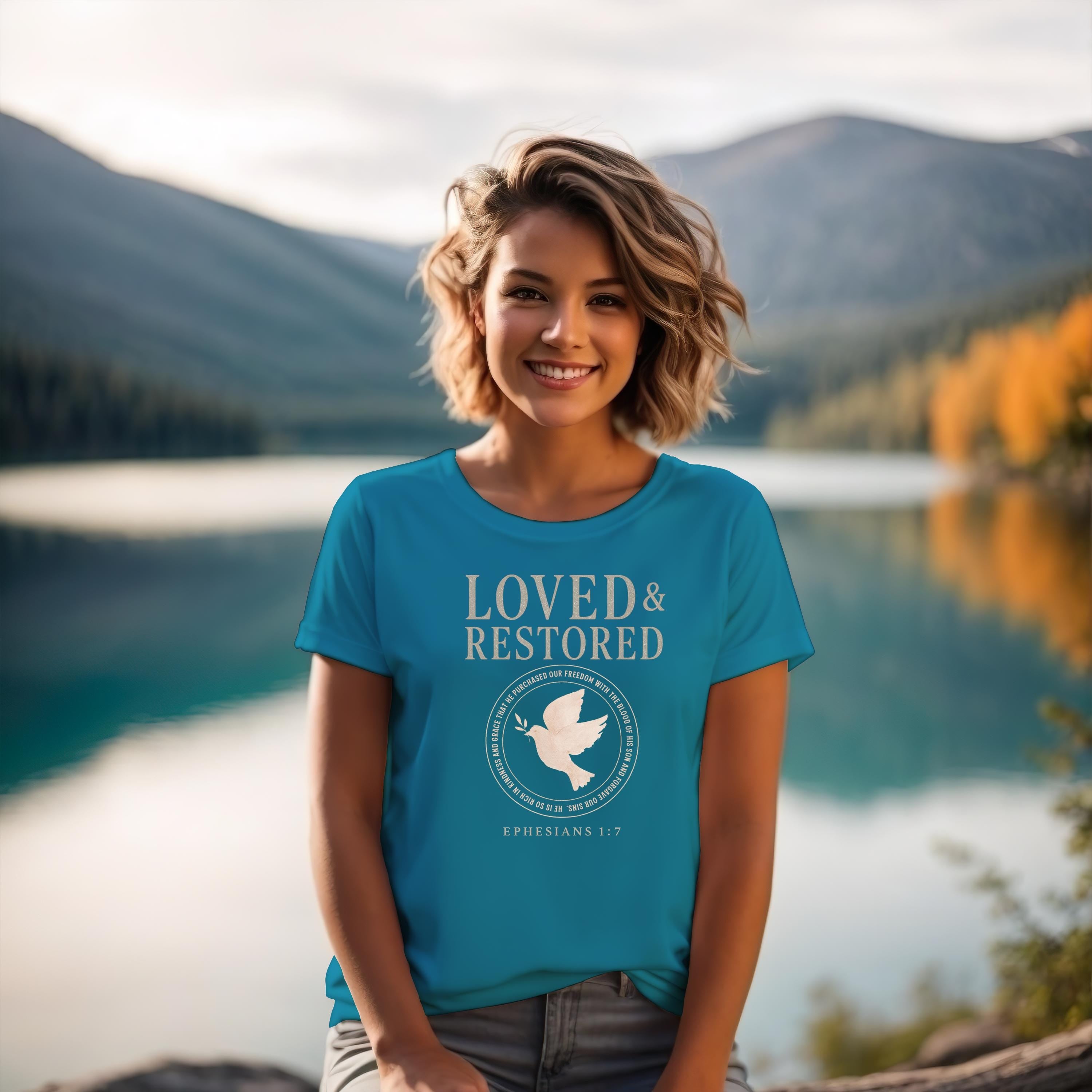 Loved and Restored Womens Christian T-Shirt - Ephesians 1:7 Bible Verse Tee, Grace and Forgiveness Faith Shirt, Redeemed Faith Apparel