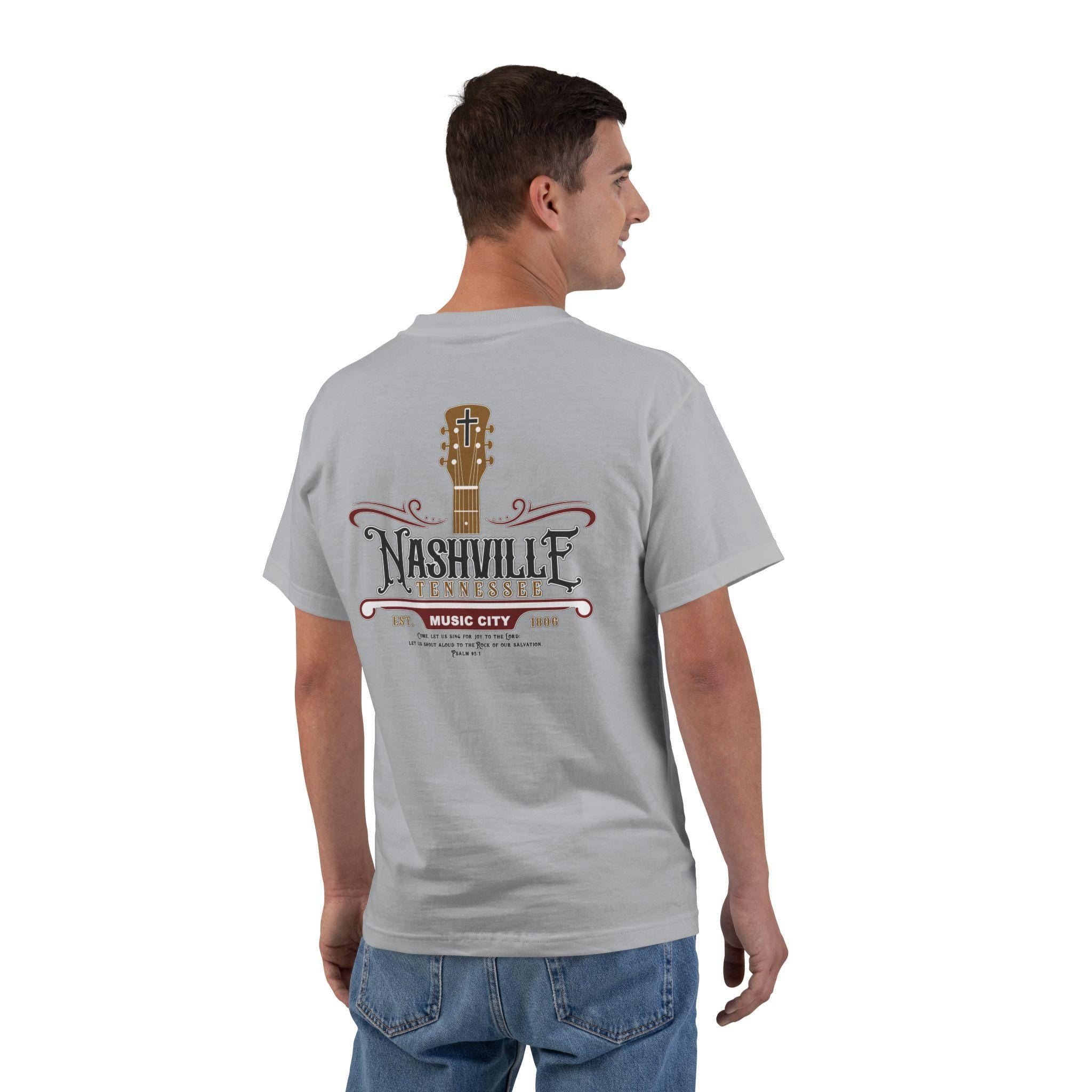 TN-Nashville Music City Christian Shirt Faith and Country, Back Printed Tee, Psalm 95, Tennessee Jesus Shirt, God Bless America Collection