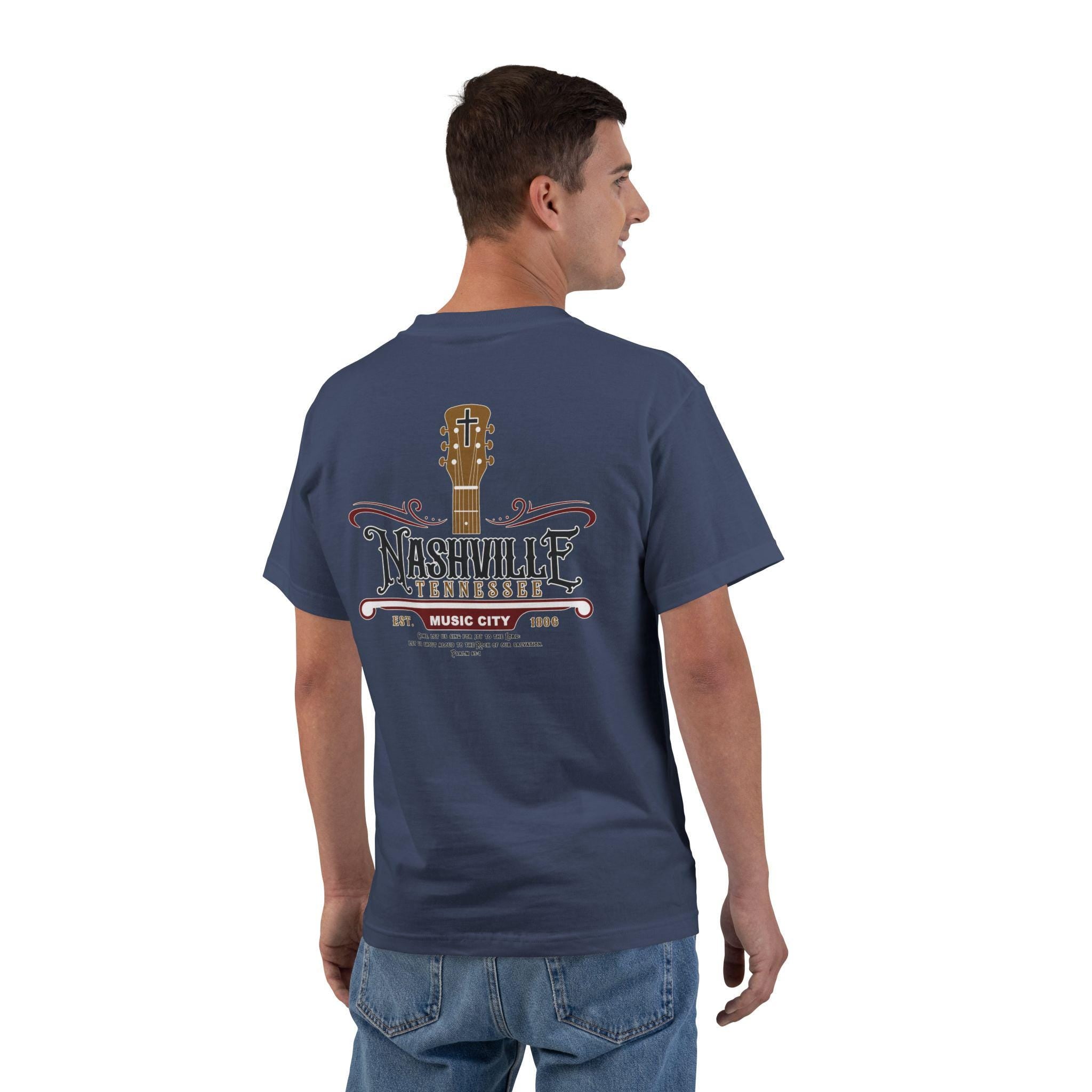 TN-Nashville Music City Christian Shirt Faith and Country, Back Printed Tee, Psalm 95, Tennessee Jesus Shirt, God Bless America Collection