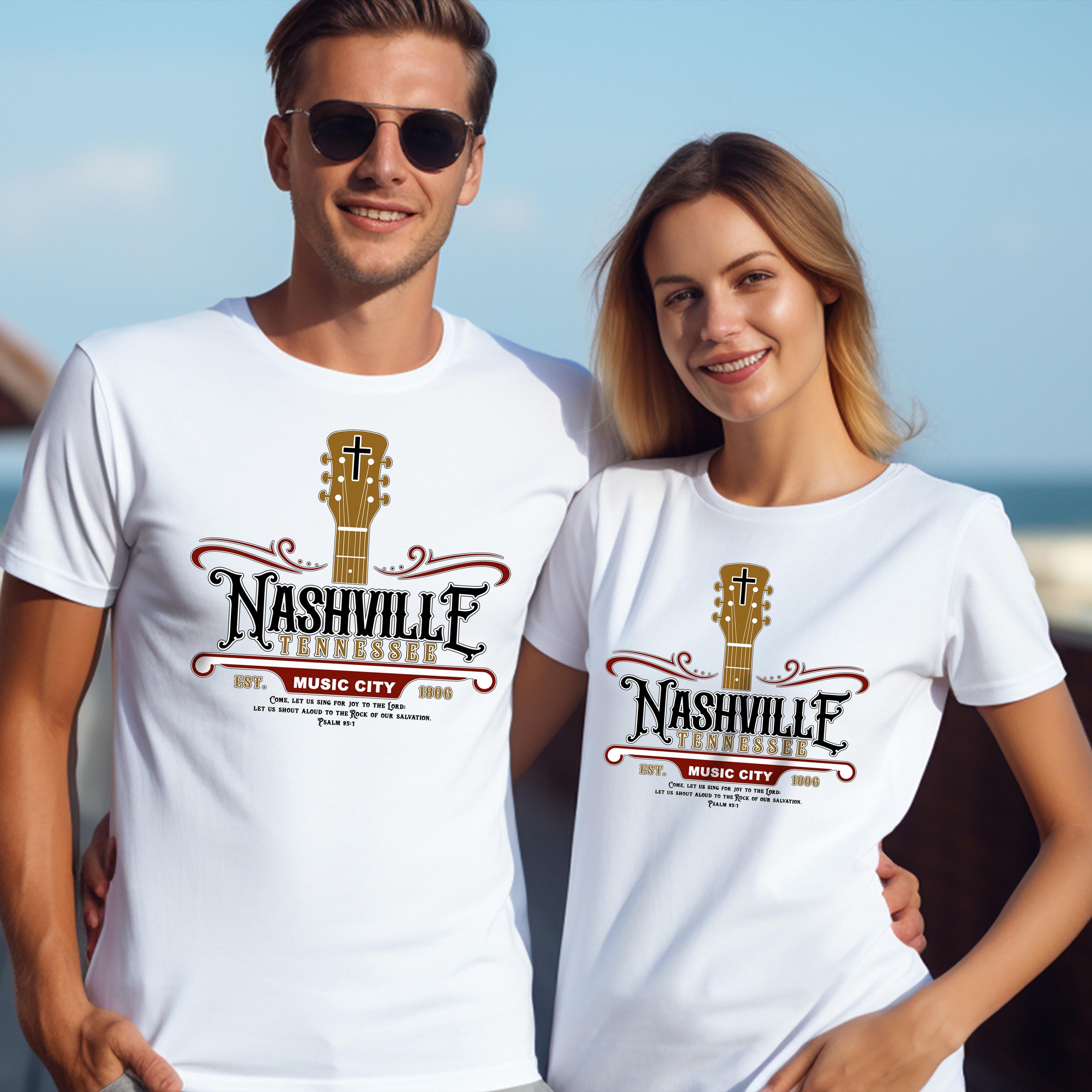 TN-Nashville Music City Christian Shirt Faith and Country, Front Printed Tee, Psalm 95, Tennessee Jesus Shirt, God Bless America Collection