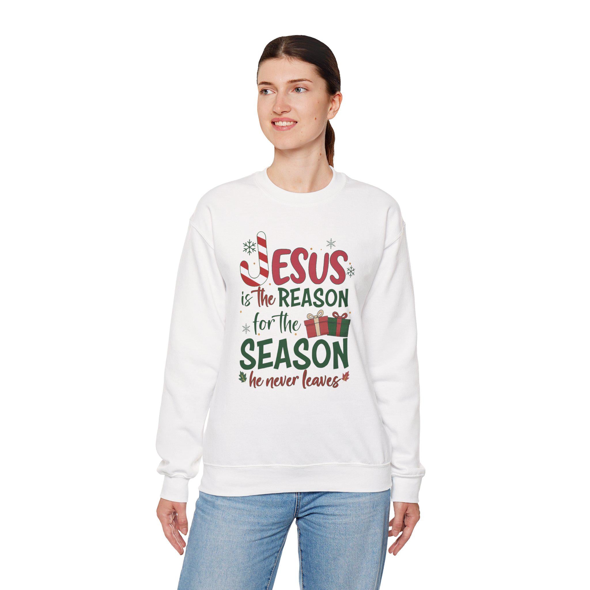 Jesus Is The Reason For The Season He Never Leaves | Christian Christmas Sweatshirt | Redeemed Faith Apparel | Christmas Collection Crewneck
