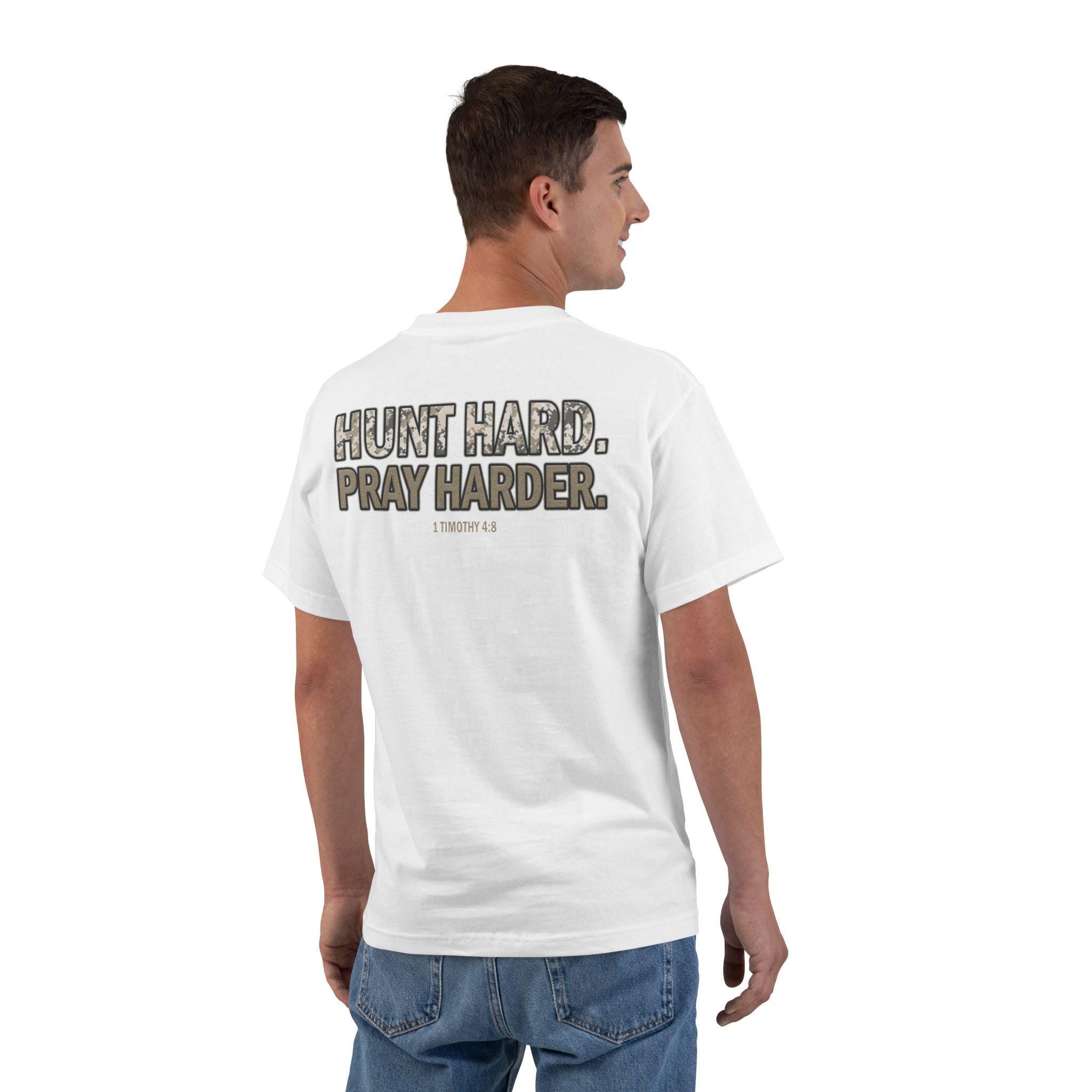 Hunt Hard Pray Harder T-Shirt - Christian Hunting Shirt with Camo Print and Bible Verse 1 Timothy 4:8, Faith and Outdoors Tee for Men