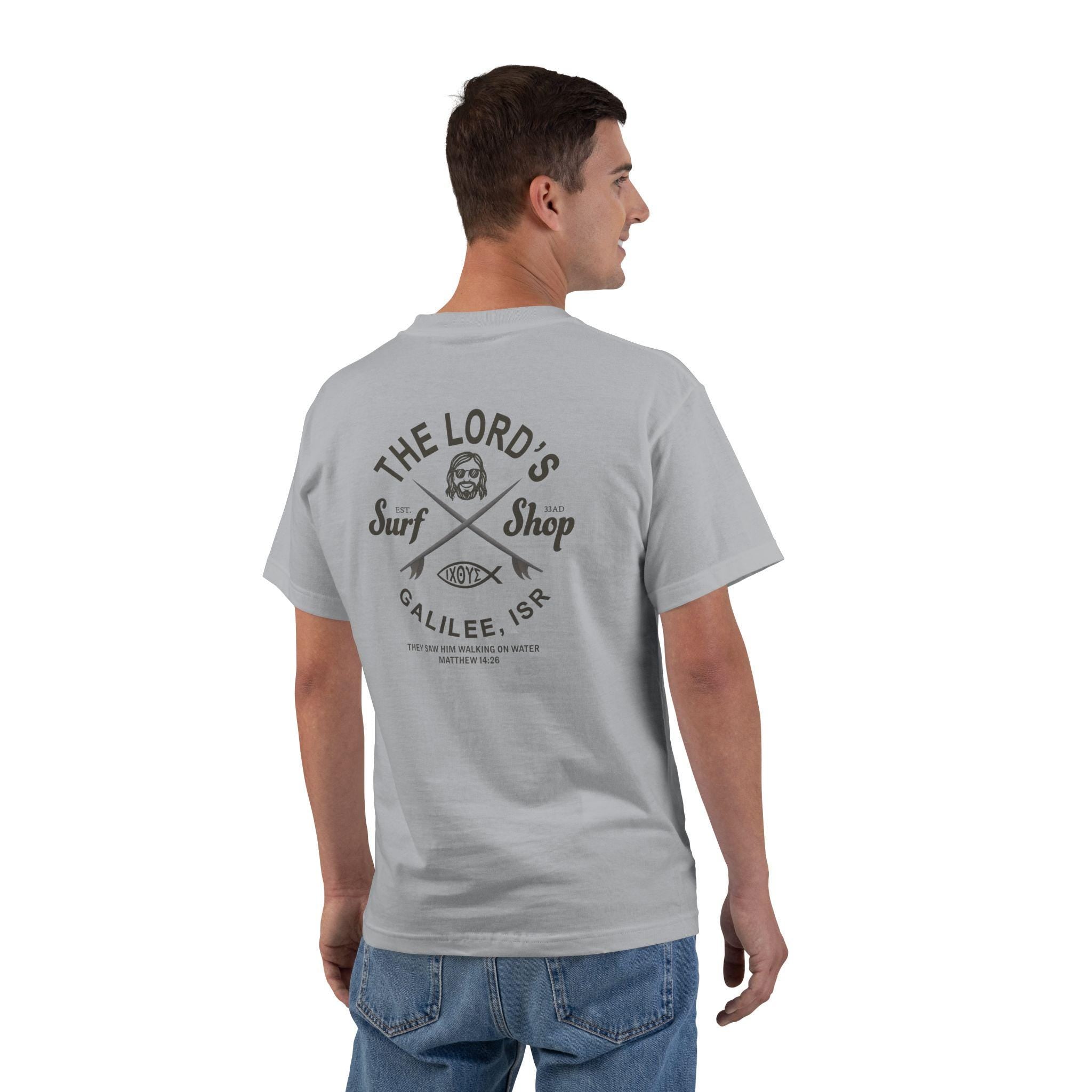 The Lords Surf Shop Shirt - Funny Christian T-Shirt, Jesus Surfing Tee, Matthew 14:26 Verse Shirt, Faith and Humor Apparel, Surfing T-Shirt