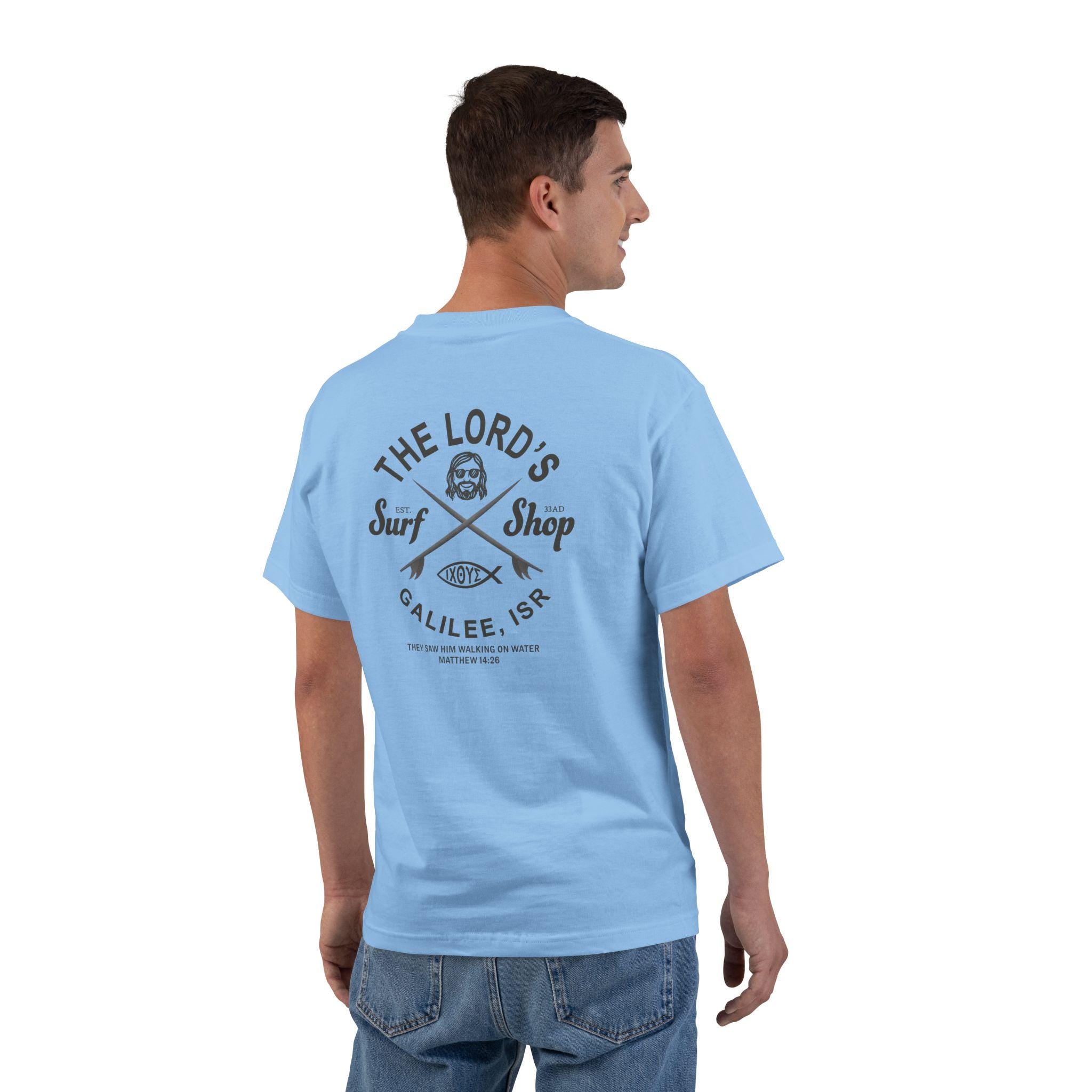 The Lords Surf Shop Shirt - Funny Christian T-Shirt, Jesus Surfing Tee, Matthew 14:26 Verse Shirt, Faith and Humor Apparel, Surfing T-Shirt
