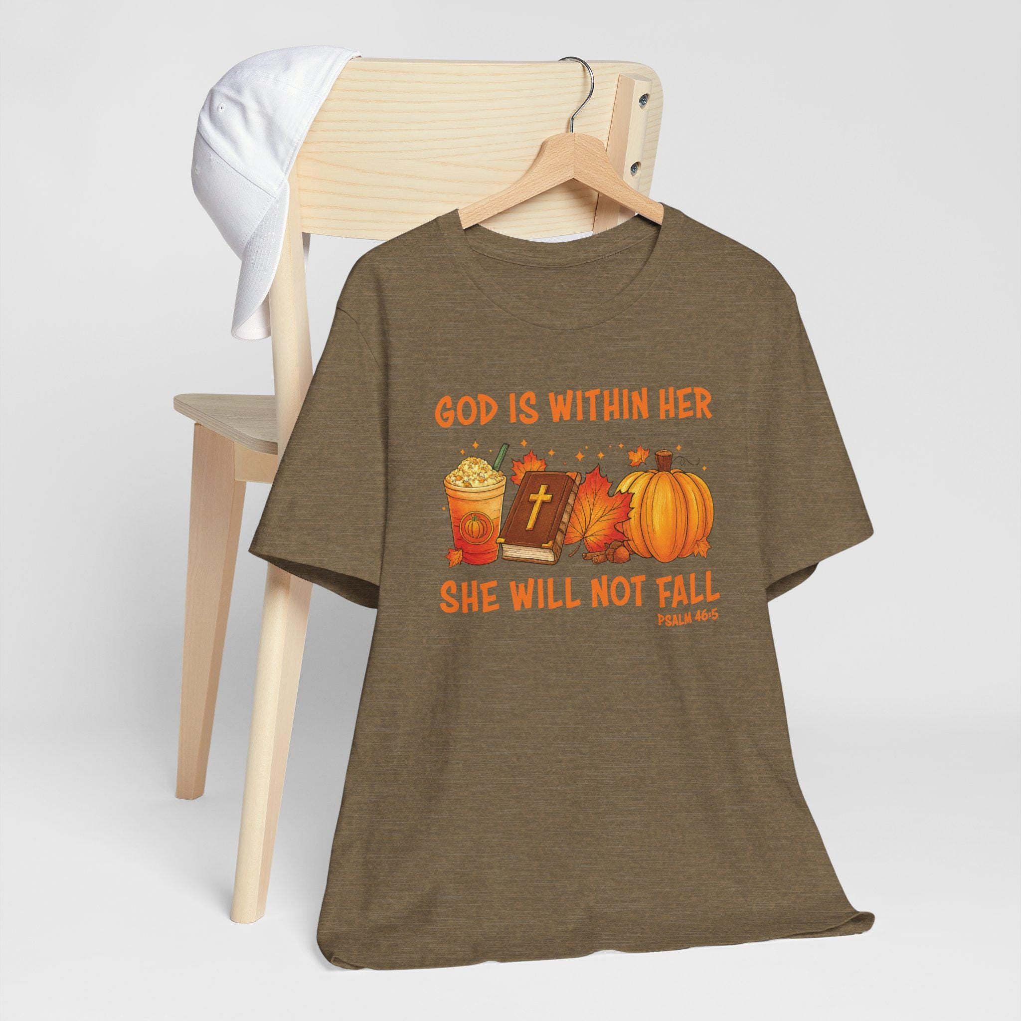 God Is Within Her She Will Not Fall Shirt | Psalm 46:5, Christian Fall Pumpkin Tee for Women, Unisex T-Shirt for Women, Pumpkin Spice Latte