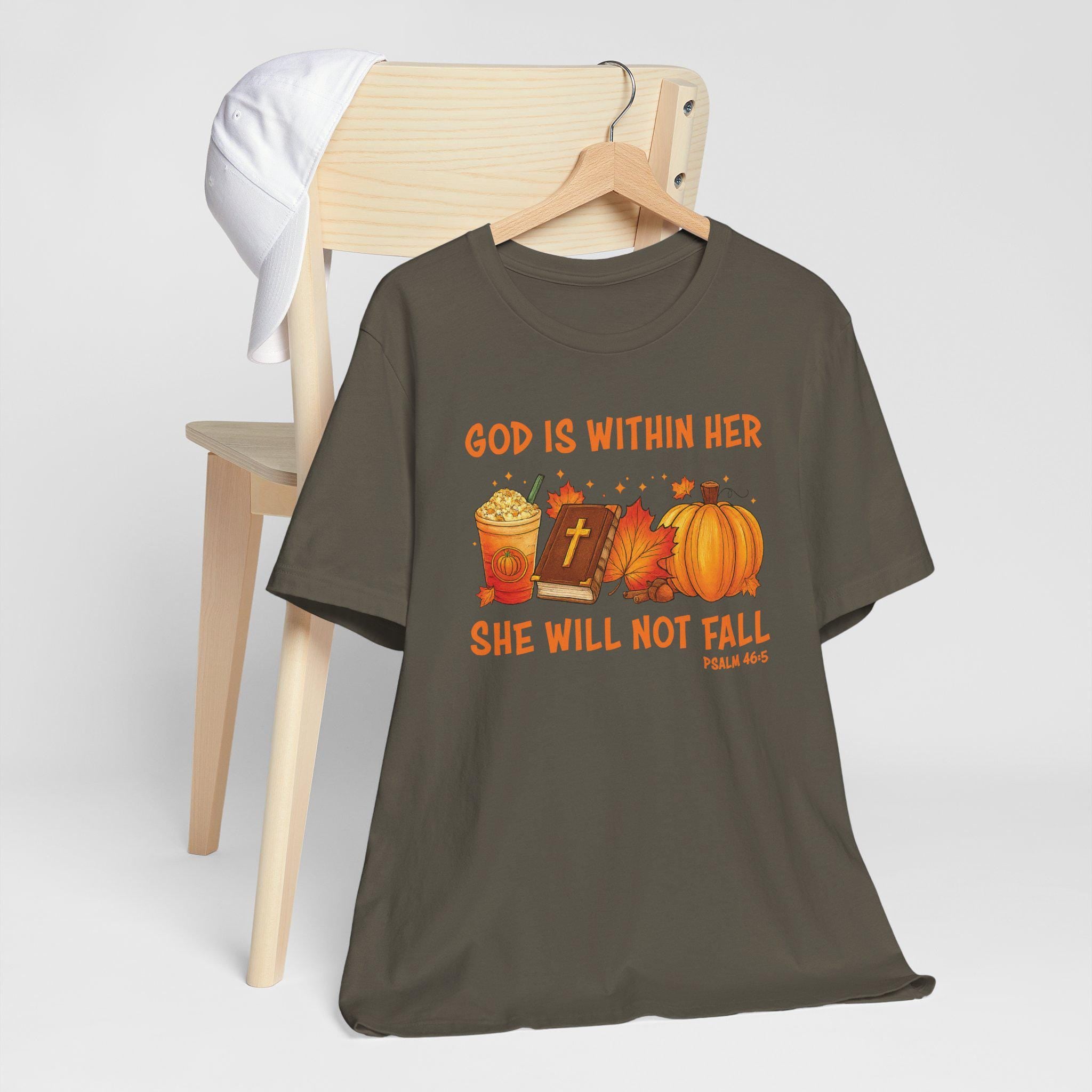 God Is Within Her She Will Not Fall Shirt | Psalm 46:5, Christian Fall Pumpkin Tee for Women, Unisex T-Shirt for Women, Pumpkin Spice Latte