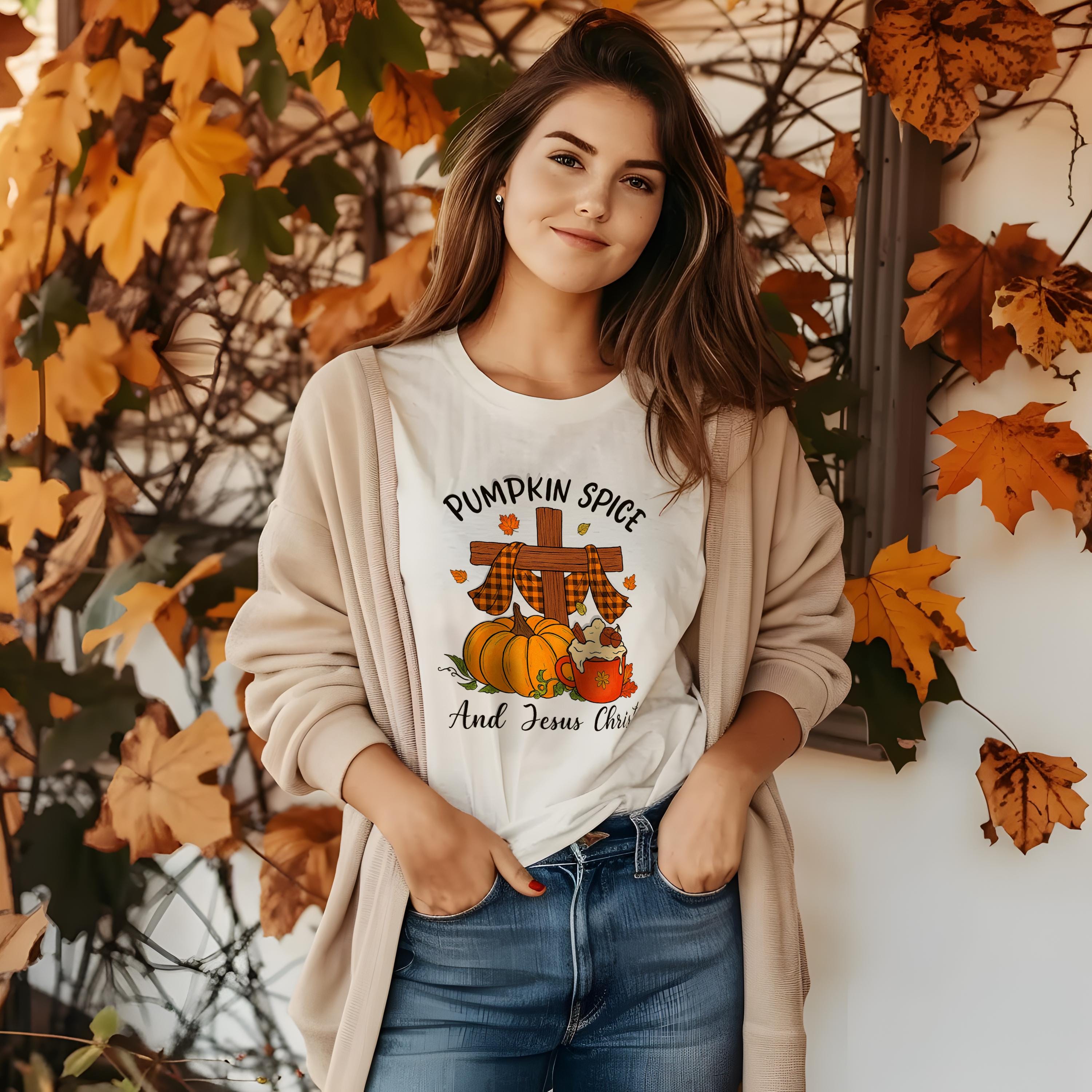 Pumpkin Spice and Jesus Christ Christian T-Shirt, Fall Quilt Collection Tee, Faith Apparel Shirt, Women's Cozy Autumn Top, Rustic Cross Tee