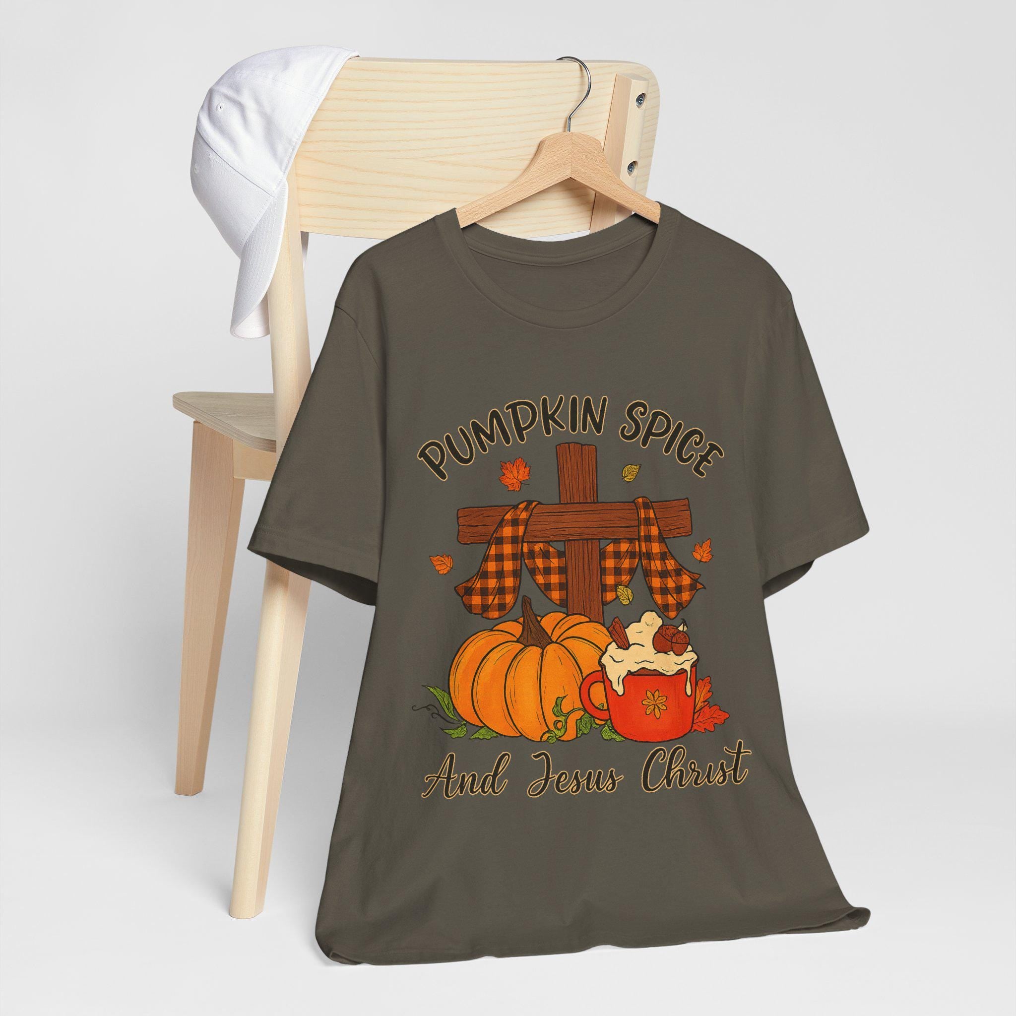 Pumpkin Spice and Jesus Christ Christian T-Shirt, Fall Quilt Collection Tee, Faith Apparel Shirt, Women's Cozy Autumn Top, Rustic Cross Tee
