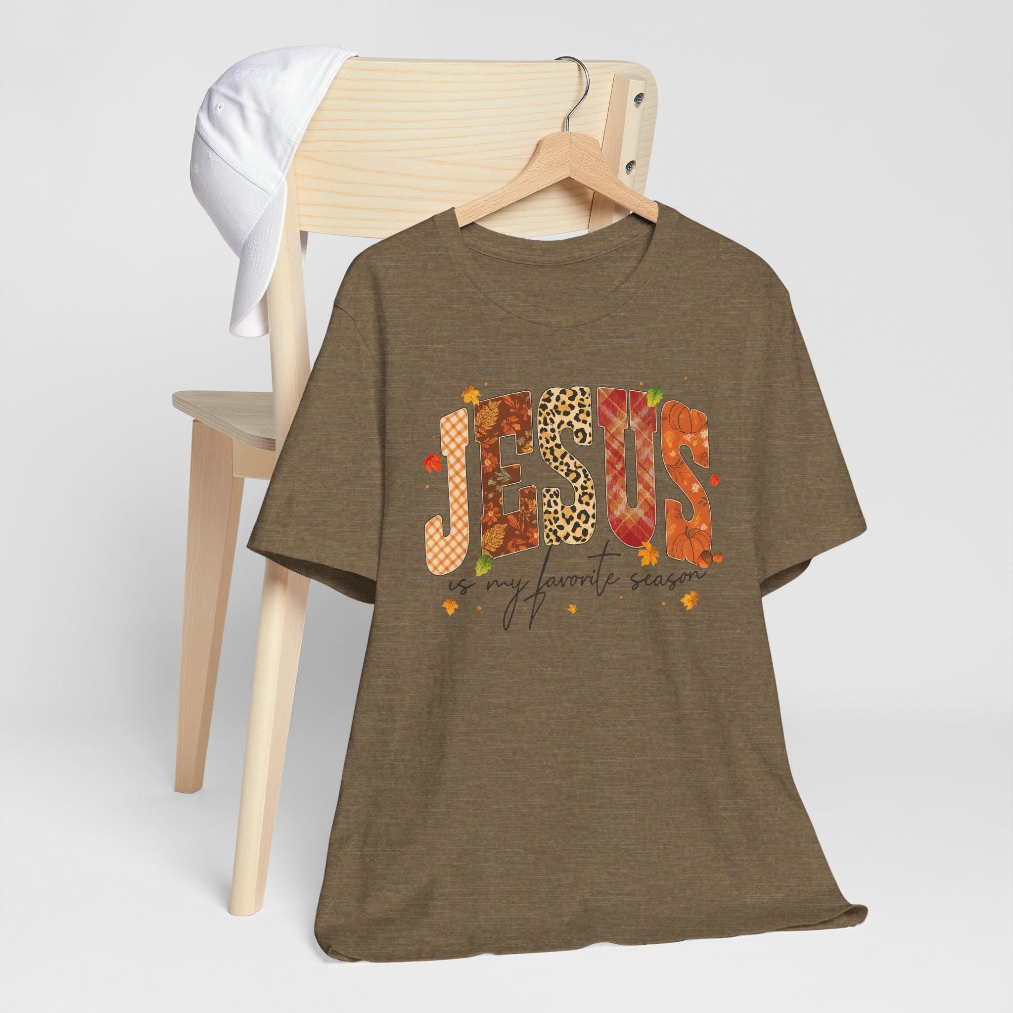 Jesus Is My Favorite Season Christian T-Shirt, Fall Quilt Series, Cozy Faith Patchwork Tee for Women, Christian Fall Quilt T-Shirt, Fall Tee