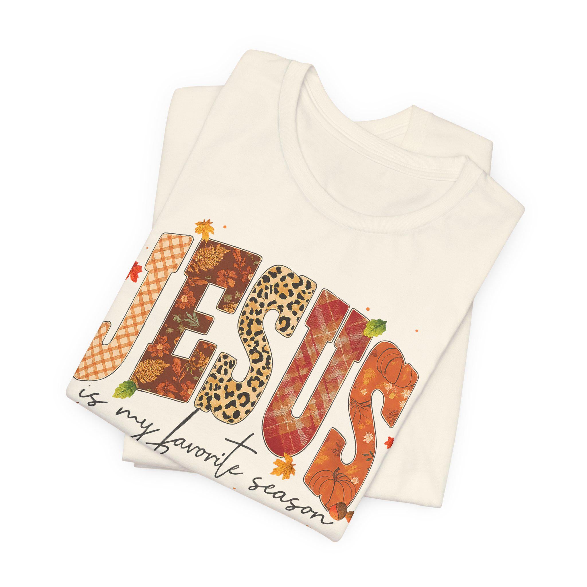 Jesus Is My Favorite Season Christian T-Shirt, Fall Quilt Series, Cozy Faith Patchwork Tee for Women, Christian Fall Quilt T-Shirt, Fall Tee