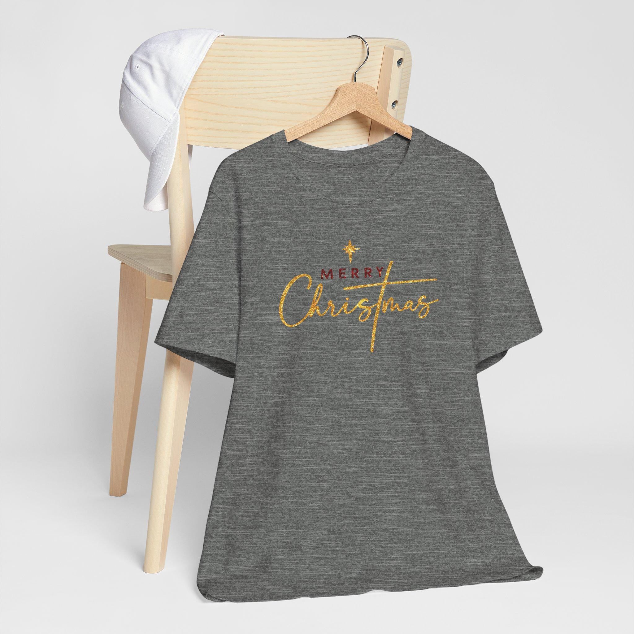 Merry Christmas Christian T-Shirt | Gold and Red Glitter Holiday Shirt | Faith Christmas Tee | Redeemed Faith Apparel | Christmas Collection