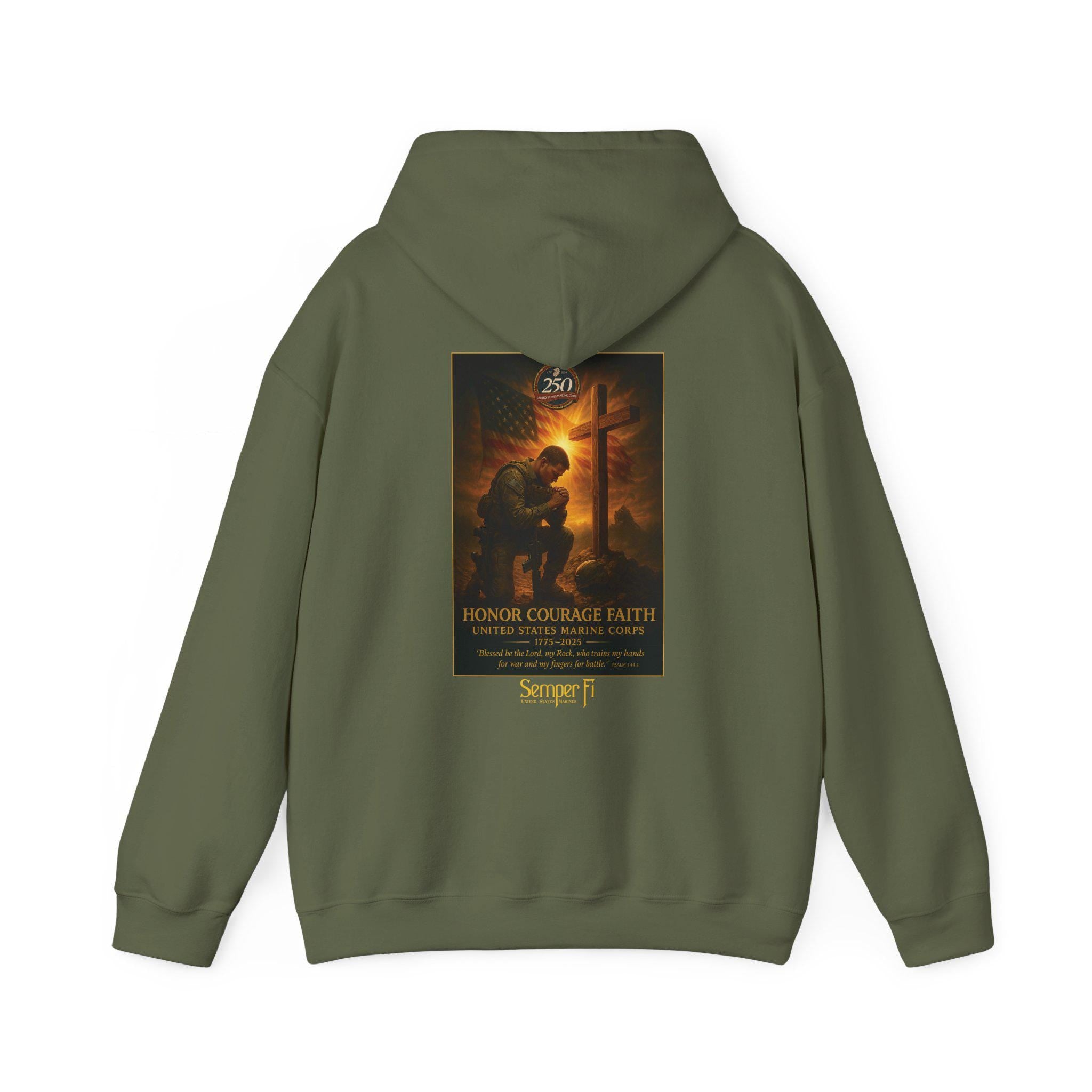 USMC 250th Anniversary - Honor Courage Faith Hoodie, Psalm 144:1, Redeemed Faith Apparel, Left-Chest Logo, Christian Clothing, Semper Fi Tee