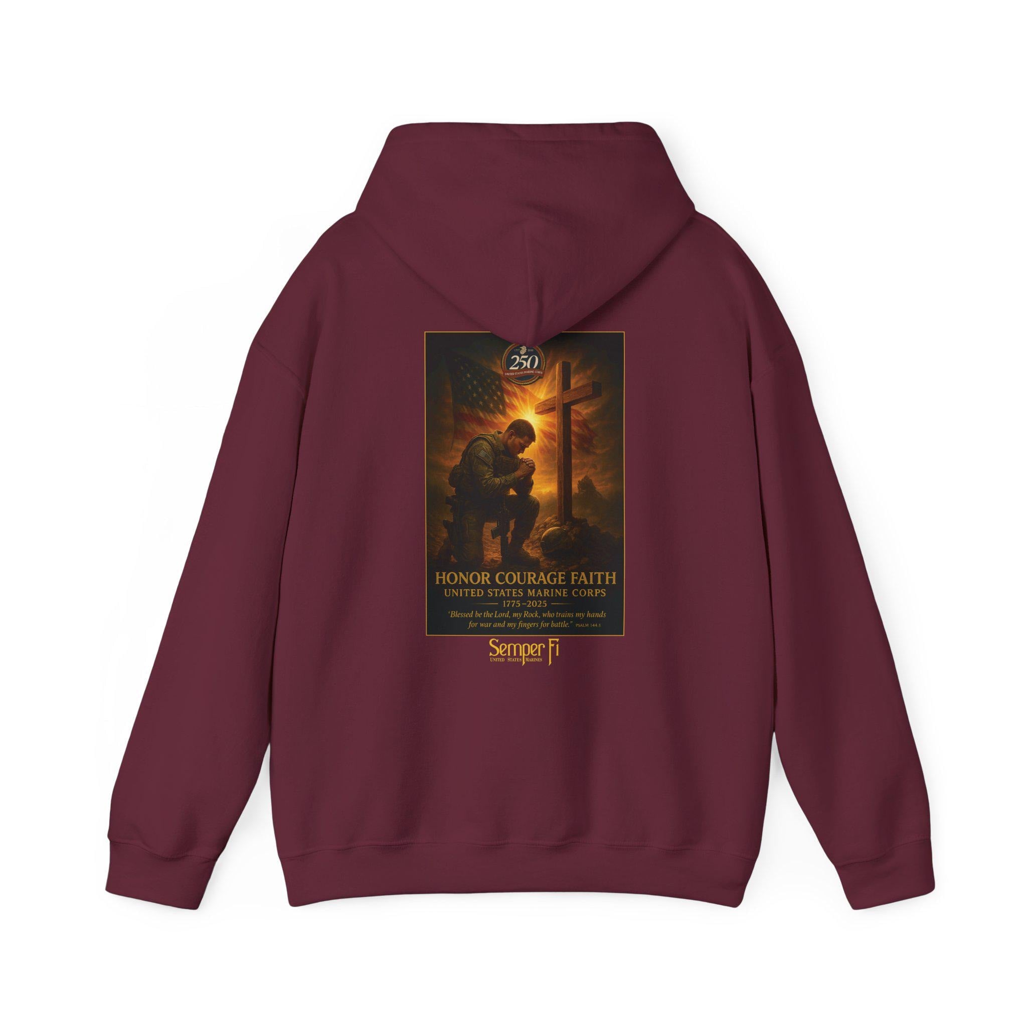 USMC 250th Anniversary - Honor Courage Faith Hoodie, Psalm 144:1, Redeemed Faith Apparel, Left-Chest Logo, Christian Clothing, Semper Fi Tee