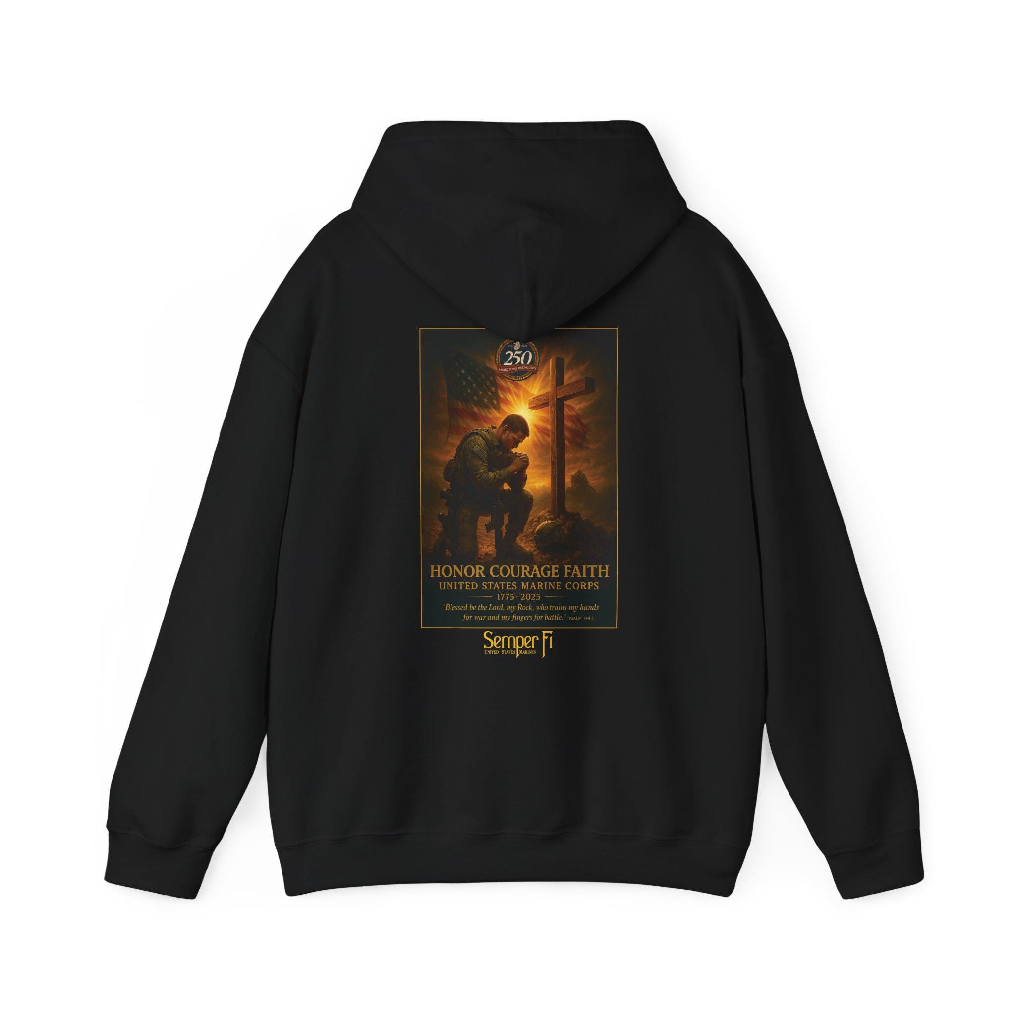 USMC 250th Anniversary - Honor Courage Faith Hoodie, Psalm 144:1, Redeemed Faith Apparel, Left-Chest Logo, Christian Clothing, Semper Fi Tee