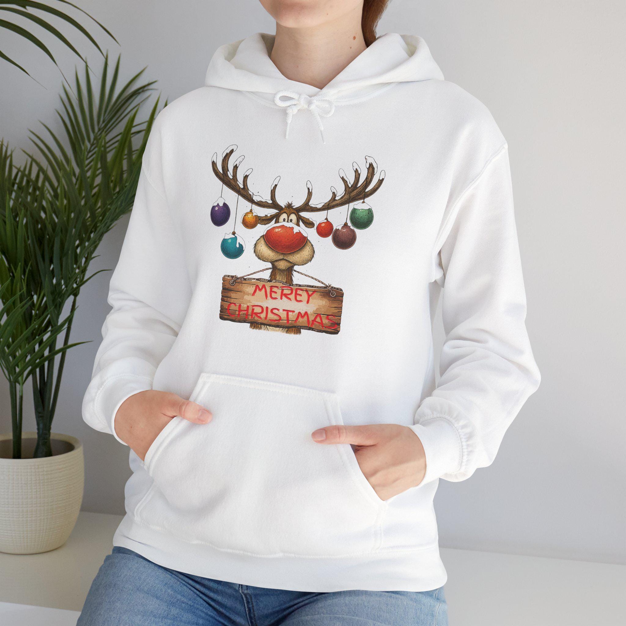 Fun Merry Christmas Reindeer Hoodie, Funny Holiday Apparel, Antlers and Christmas Gift, Christian Christmas Sweatshirt and T-shirt Options