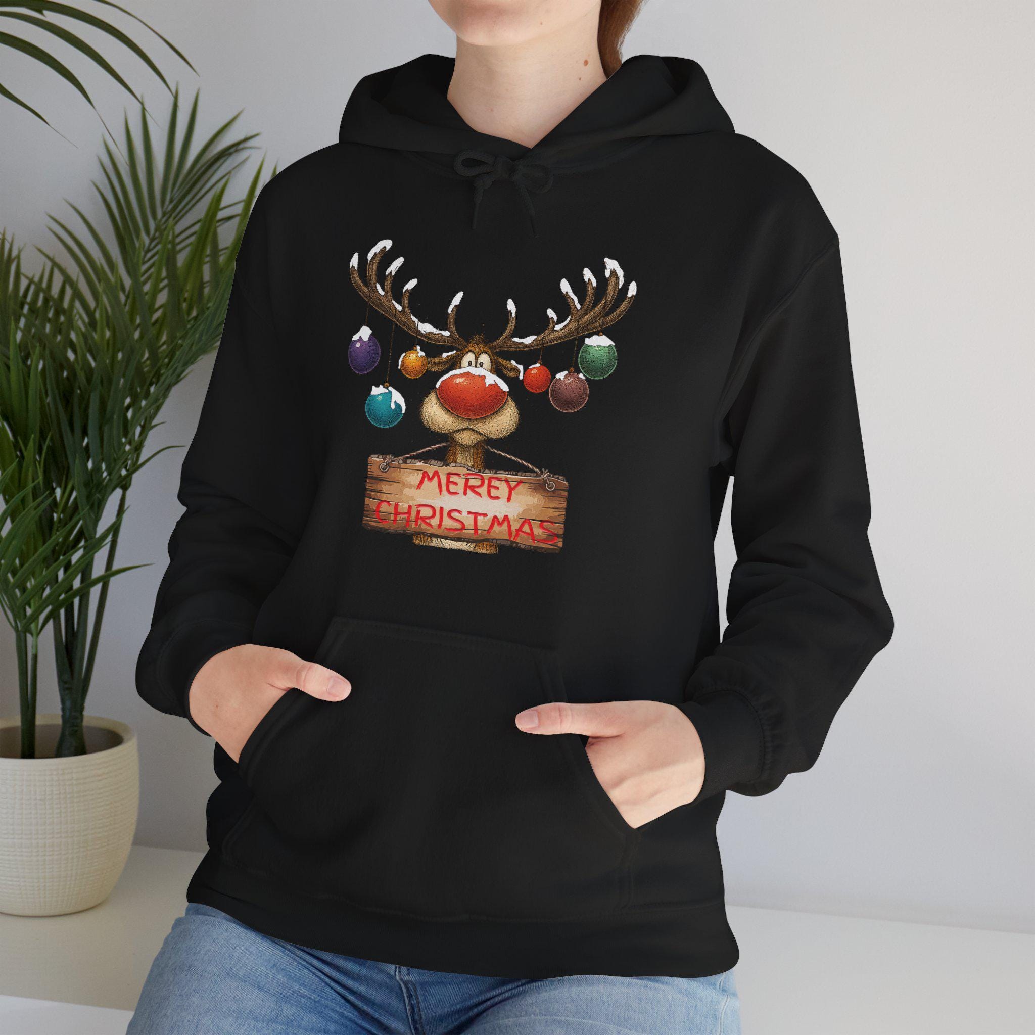 Fun Merry Christmas Reindeer Hoodie, Funny Holiday Apparel, Antlers and Christmas Gift, Christian Christmas Sweatshirt and T-shirt Options