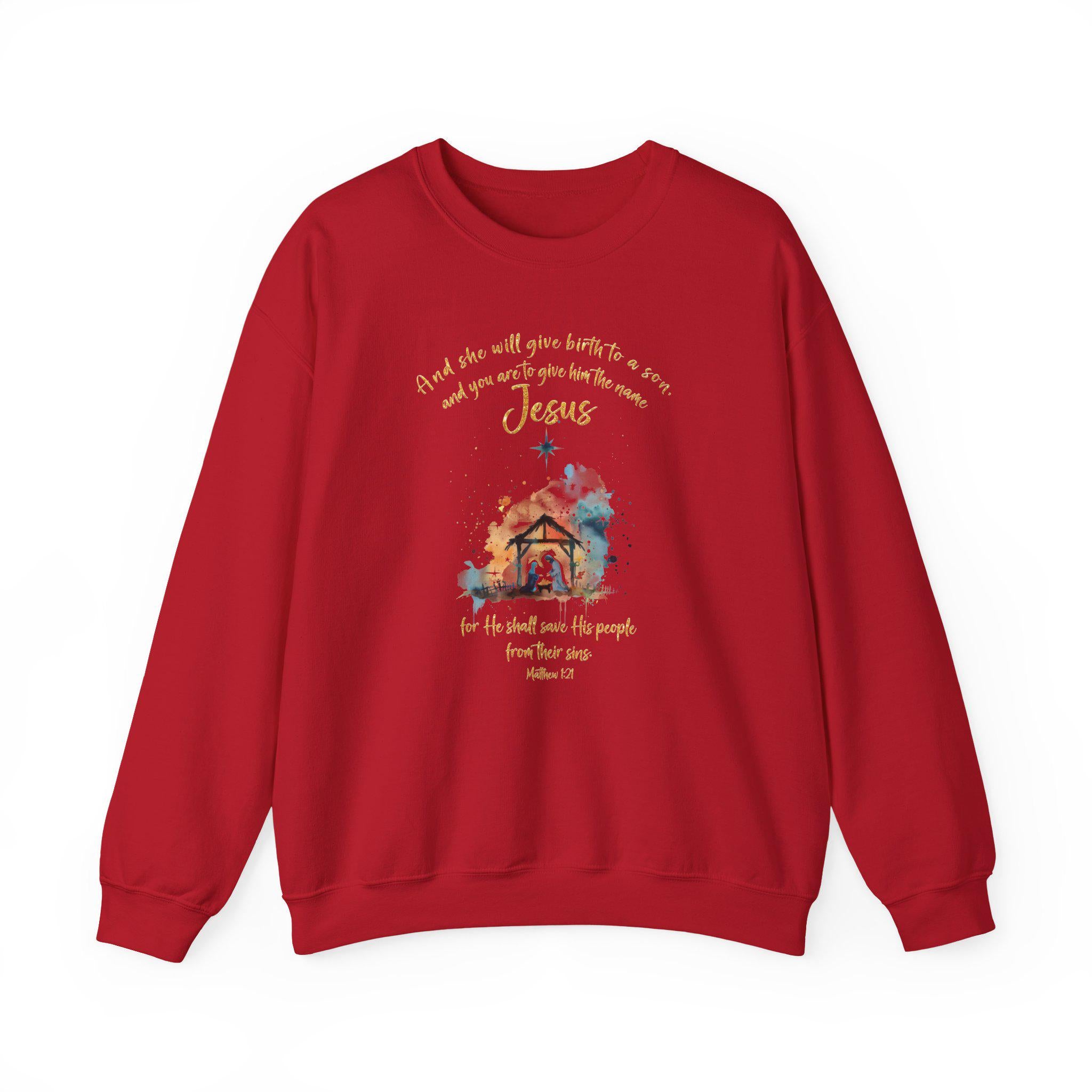 Nativity Christian Crewneck Sweatshirt, Matthew 1:21, Jesus Birth Sweatshirt, Redeemed Faith Apparel, Christmas Collection Crewneck