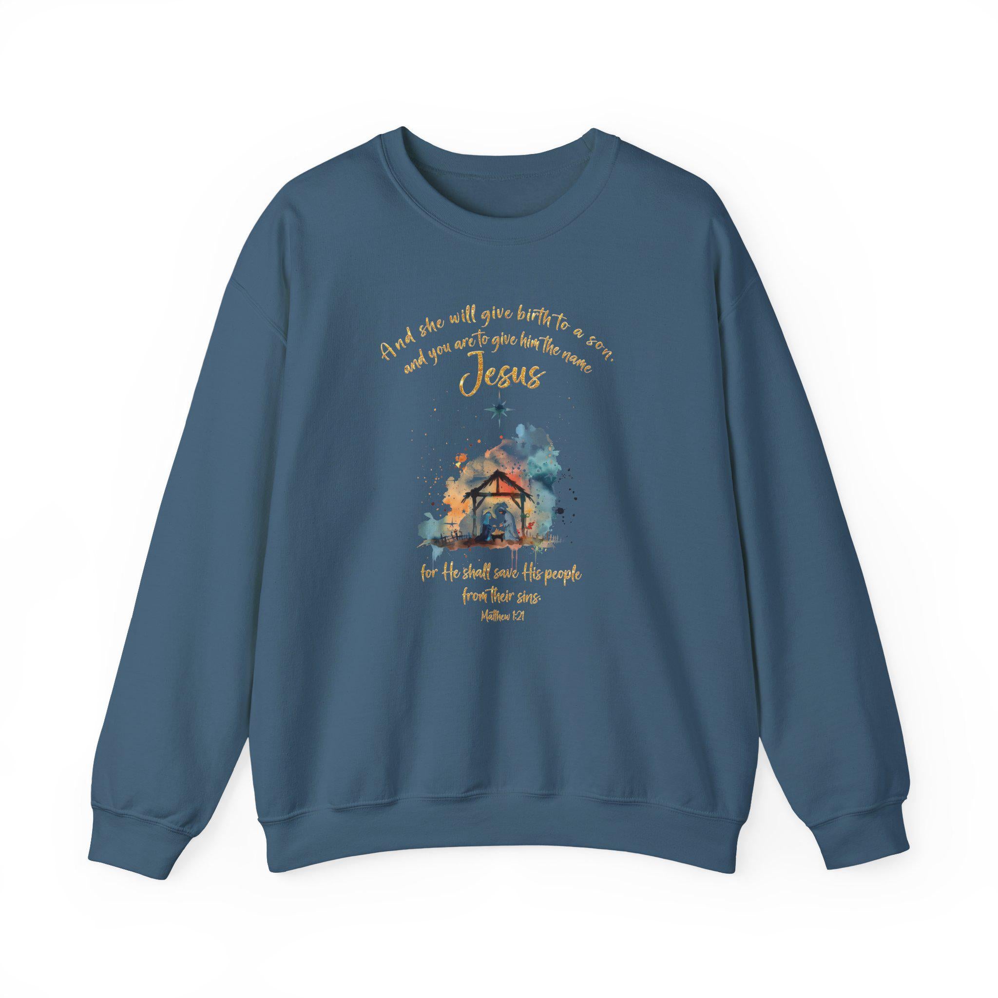 Nativity Christian Crewneck Sweatshirt, Matthew 1:21, Jesus Birth Sweatshirt, Redeemed Faith Apparel, Christmas Collection Crewneck