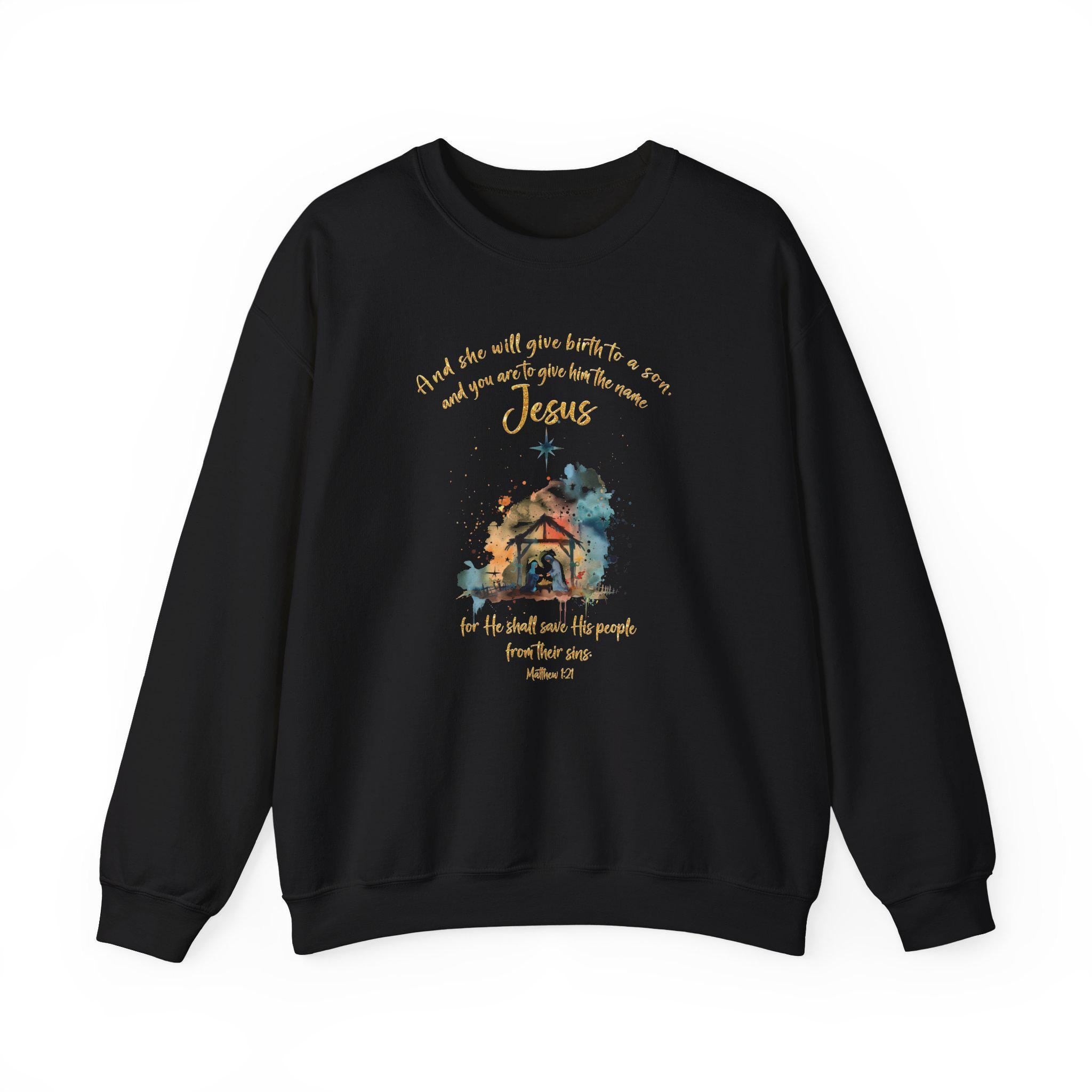 Nativity Christian Crewneck Sweatshirt, Matthew 1:21, Jesus Birth Sweatshirt, Redeemed Faith Apparel, Christmas Collection Crewneck