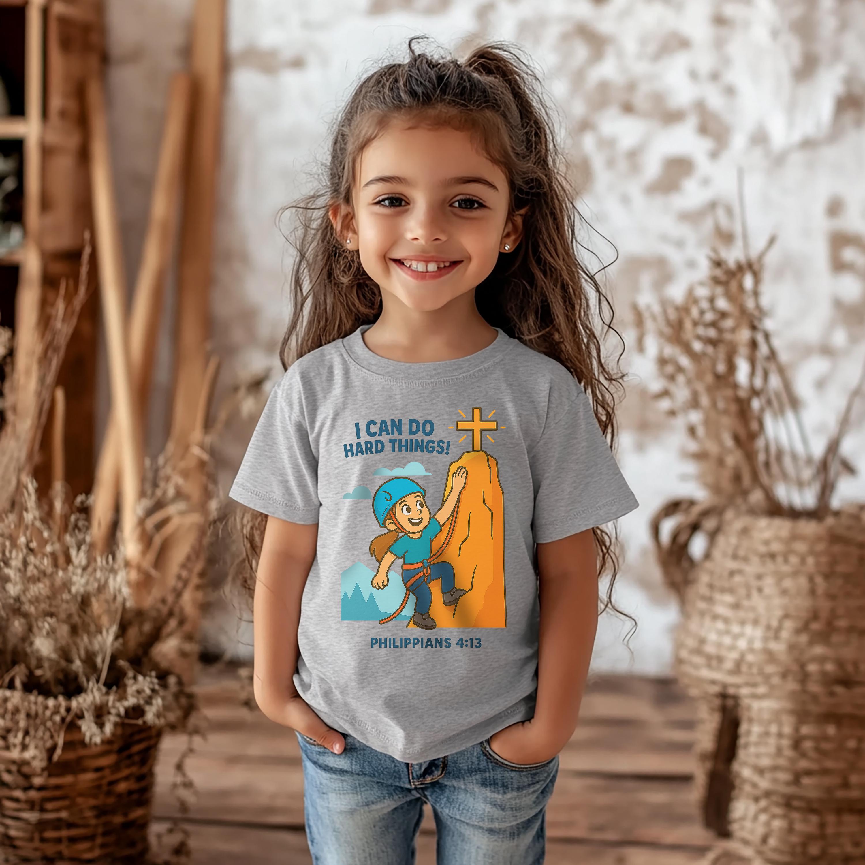 I Can Do Hard Things, Christian Girls Rock Climbing Shirt, Philippians 413, Kids Faith T Shirt, Inspirational Bible Verse Youth Tee