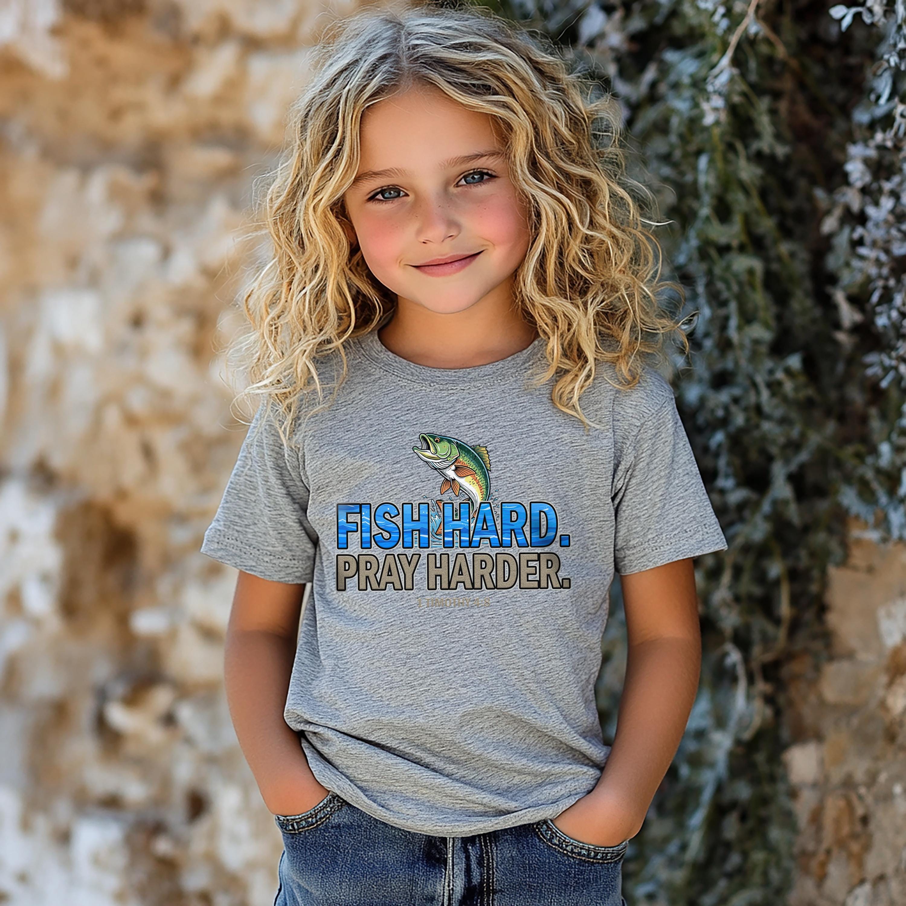 Fish Hard Pray Harder Kid's T-Shirt, Christian Fishing Shirt, Bible Verse Tee, 1 Timothy 4:8, Faith and Outdoors Tee for Kids, Youth Fishing