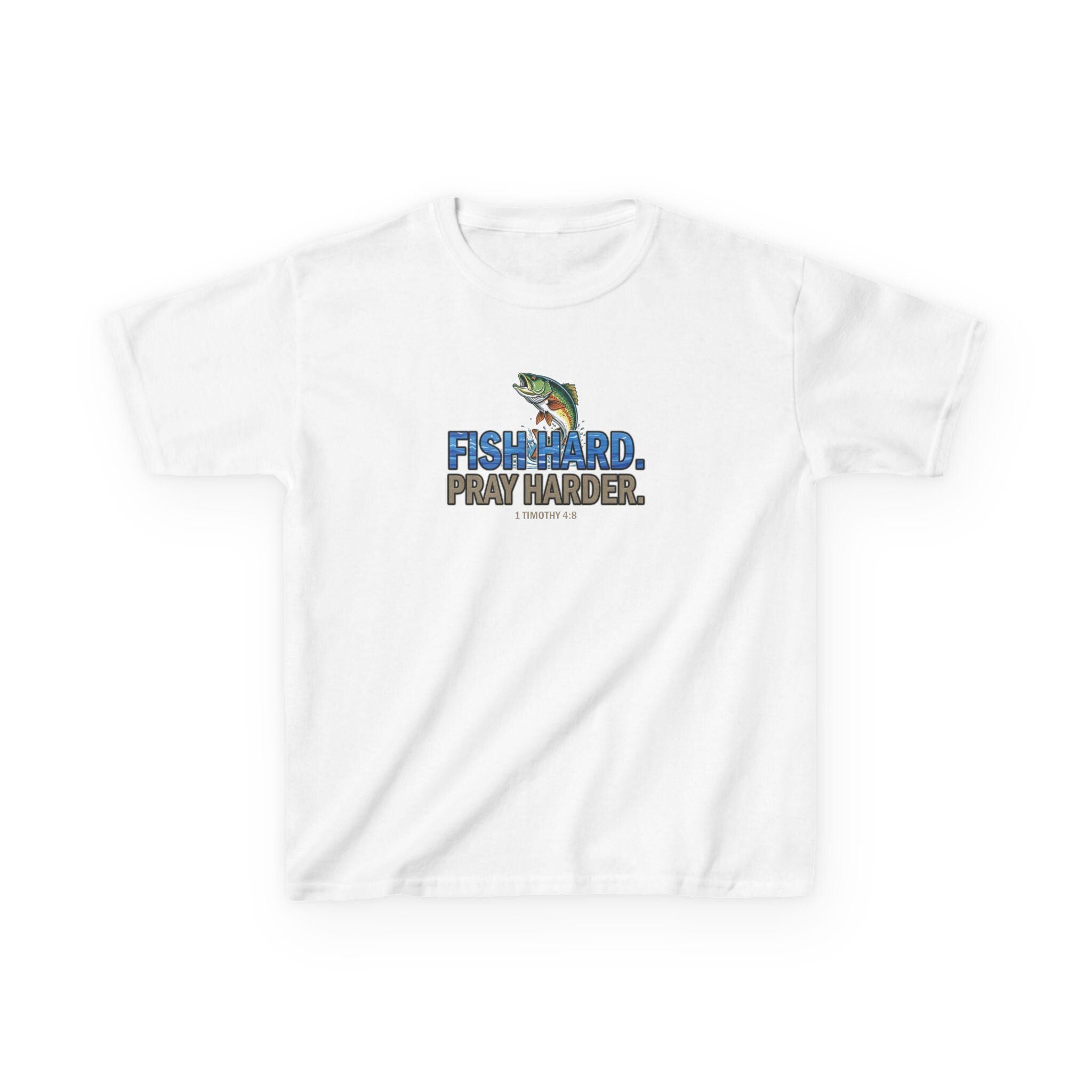 Fish Hard Pray Harder Kid's T-Shirt, Christian Fishing Shirt, Bible Verse Tee, 1 Timothy 4:8, Faith and Outdoors Tee for Kids, Youth Fishing