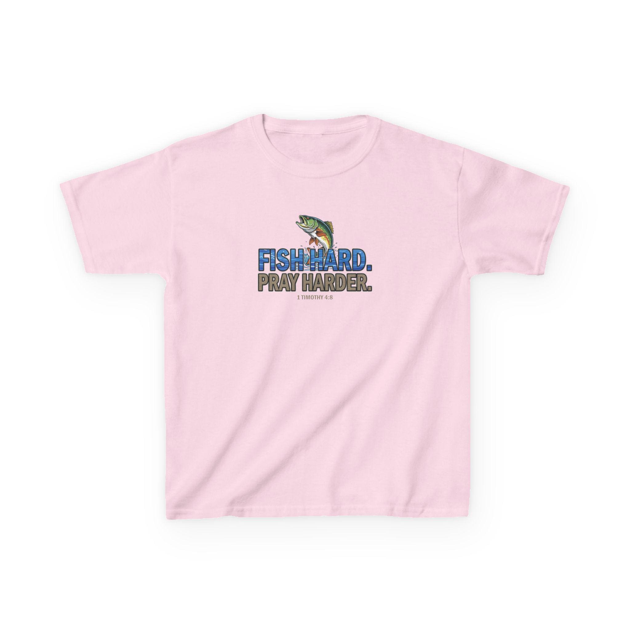 Fish Hard Pray Harder Kid's T-Shirt, Christian Fishing Shirt, Bible Verse Tee, 1 Timothy 4:8, Faith and Outdoors Tee for Kids, Youth Fishing