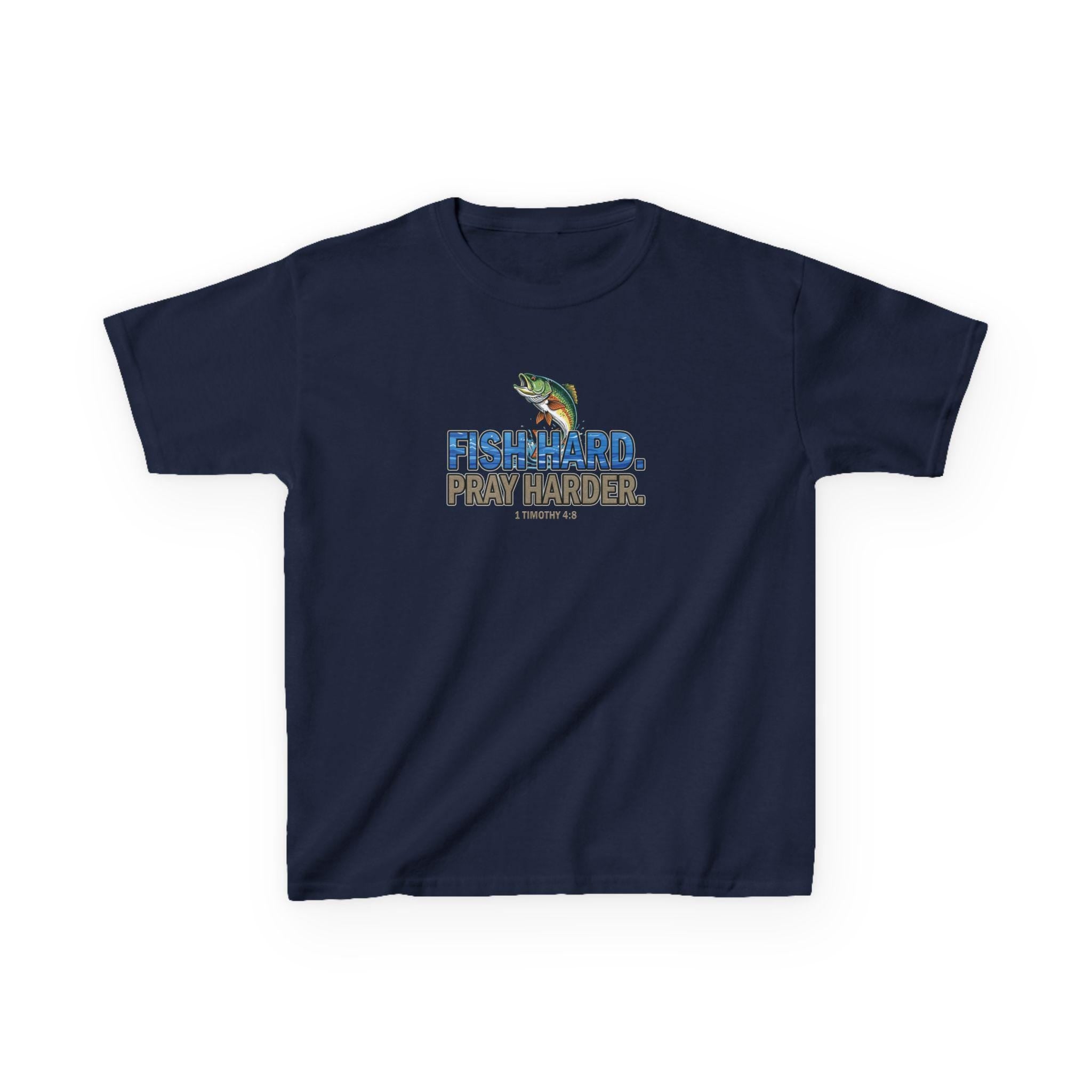 Fish Hard Pray Harder Kid's T-Shirt, Christian Fishing Shirt, Bible Verse Tee, 1 Timothy 4:8, Faith and Outdoors Tee for Kids, Youth Fishing