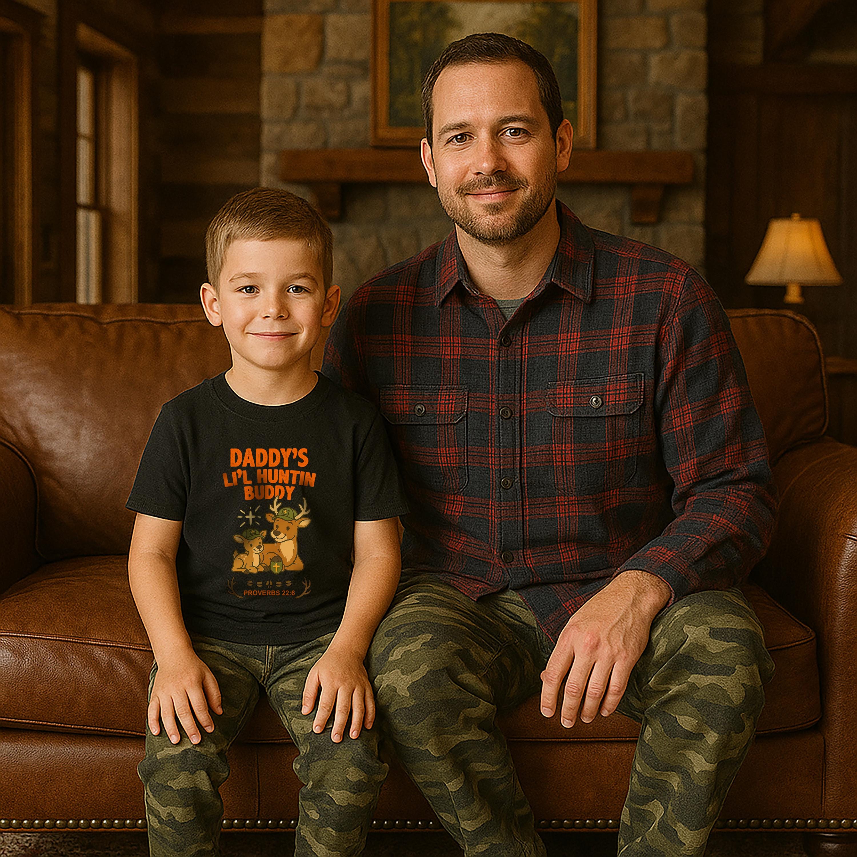 Personalized Li'l Huntin Buddy Shirt, Custom Name, Kids Christian Deer Tee, Proverbs 226, Daddy, Grandpa, Papa, Gift, Camo Faith Outdoors