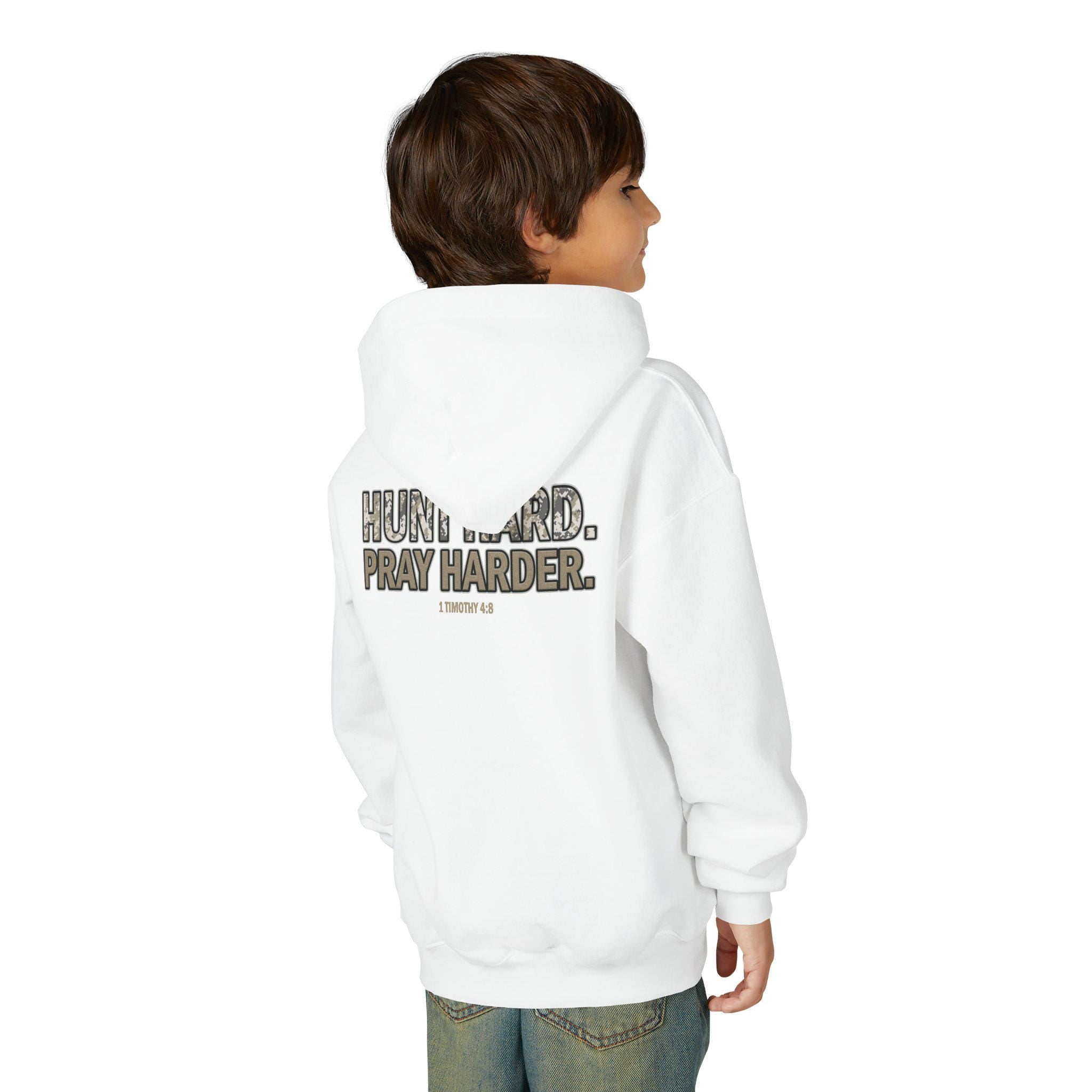 Hunt Hard Pray Harder Youth Christian Hoodie | 1 Timothy 4:8 | Camo Hunting Faith Hoodie | Christian Kids Gifts | Outdoors Scripture Hoodie
