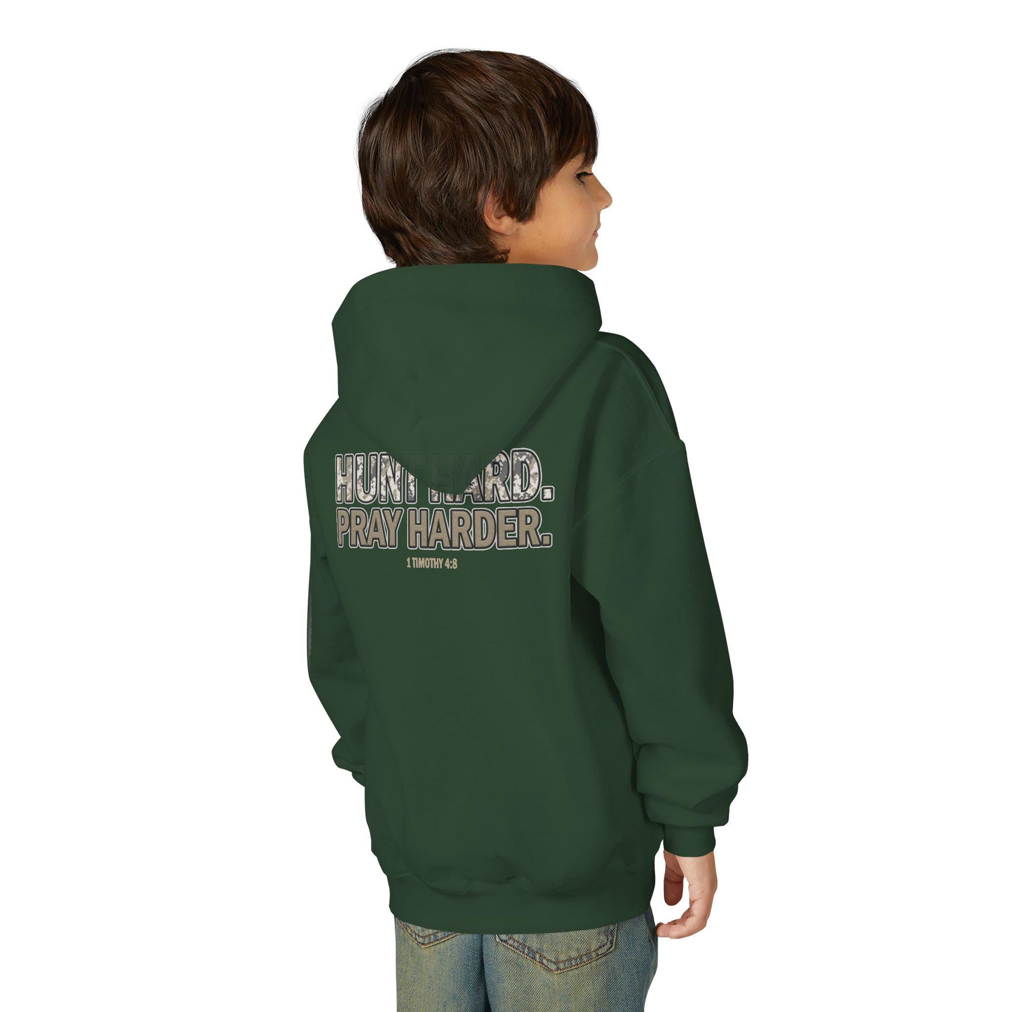 Hunt Hard Pray Harder Youth Christian Hoodie | 1 Timothy 4:8 | Camo Hunting Faith Hoodie | Christian Kids Gifts | Outdoors Scripture Hoodie