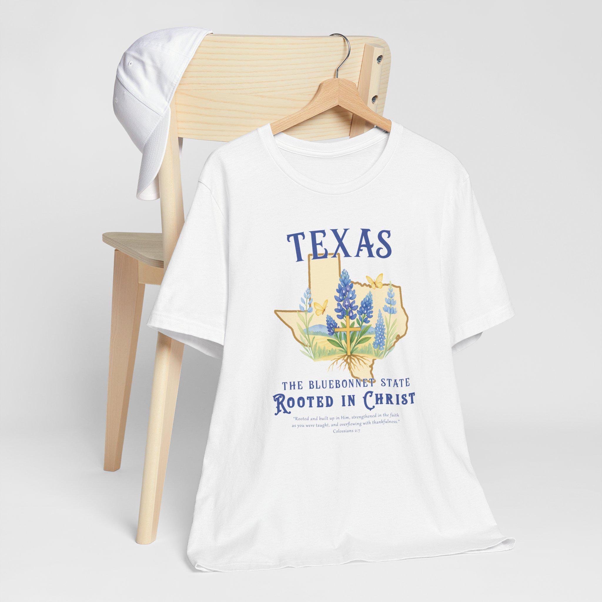 TX-Texas Bluebonnet, Rooted in Christ Ladies Christian Shirt, Colossians 27, Womens Faith Tee, Texas Pride, Bible Verse, God Bless America