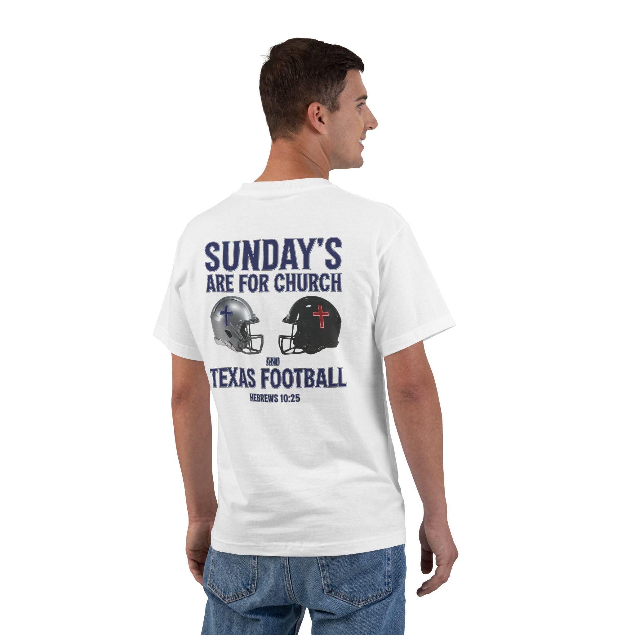 TX-Sundays Are for Church and Texas Football, Christian T Shirt, Hebrews 1025, Jesus and Football Tee, God Bless America Collection, Texas T