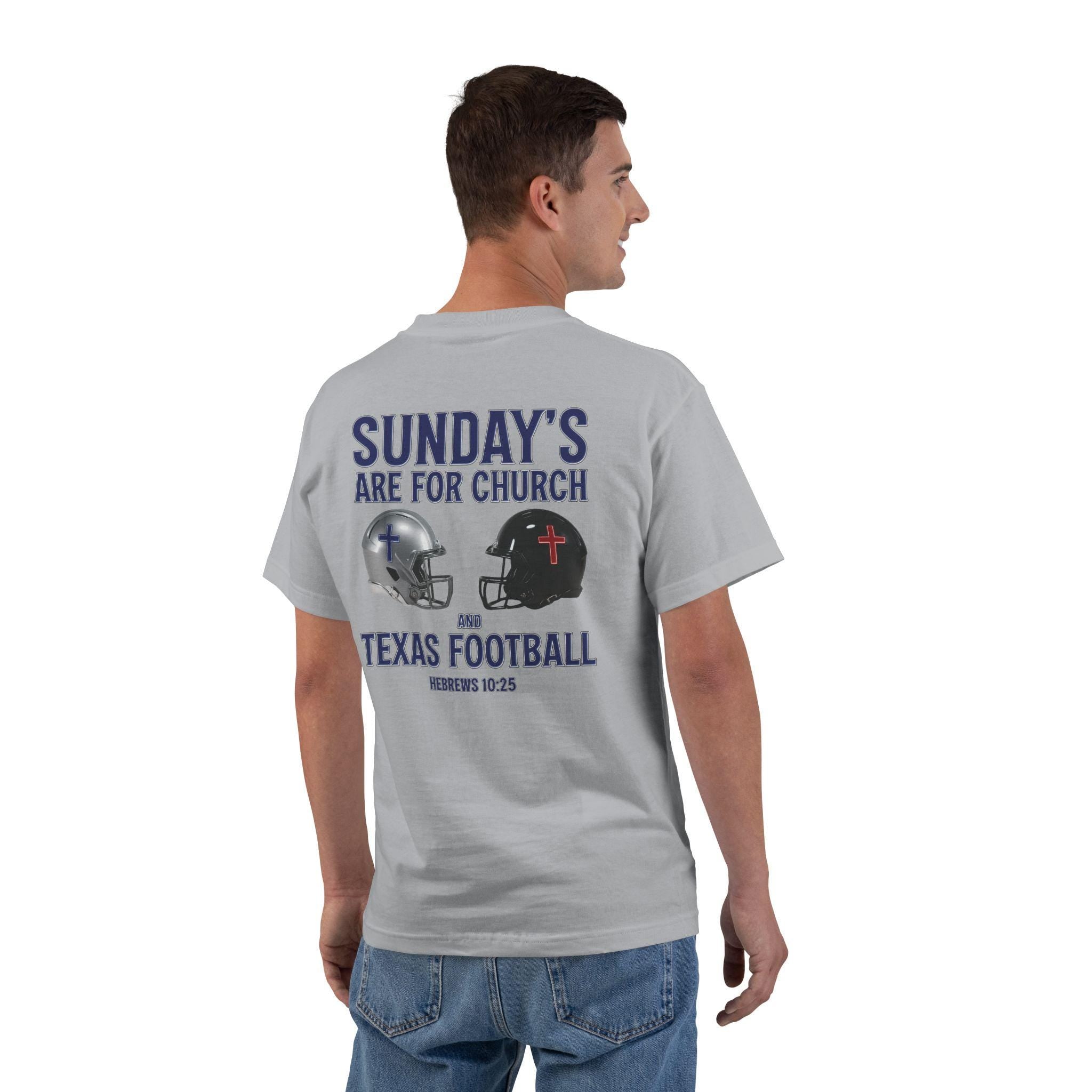 TX-Sundays Are for Church and Texas Football, Christian T Shirt, Hebrews 1025, Jesus and Football Tee, God Bless America Collection, Texas T