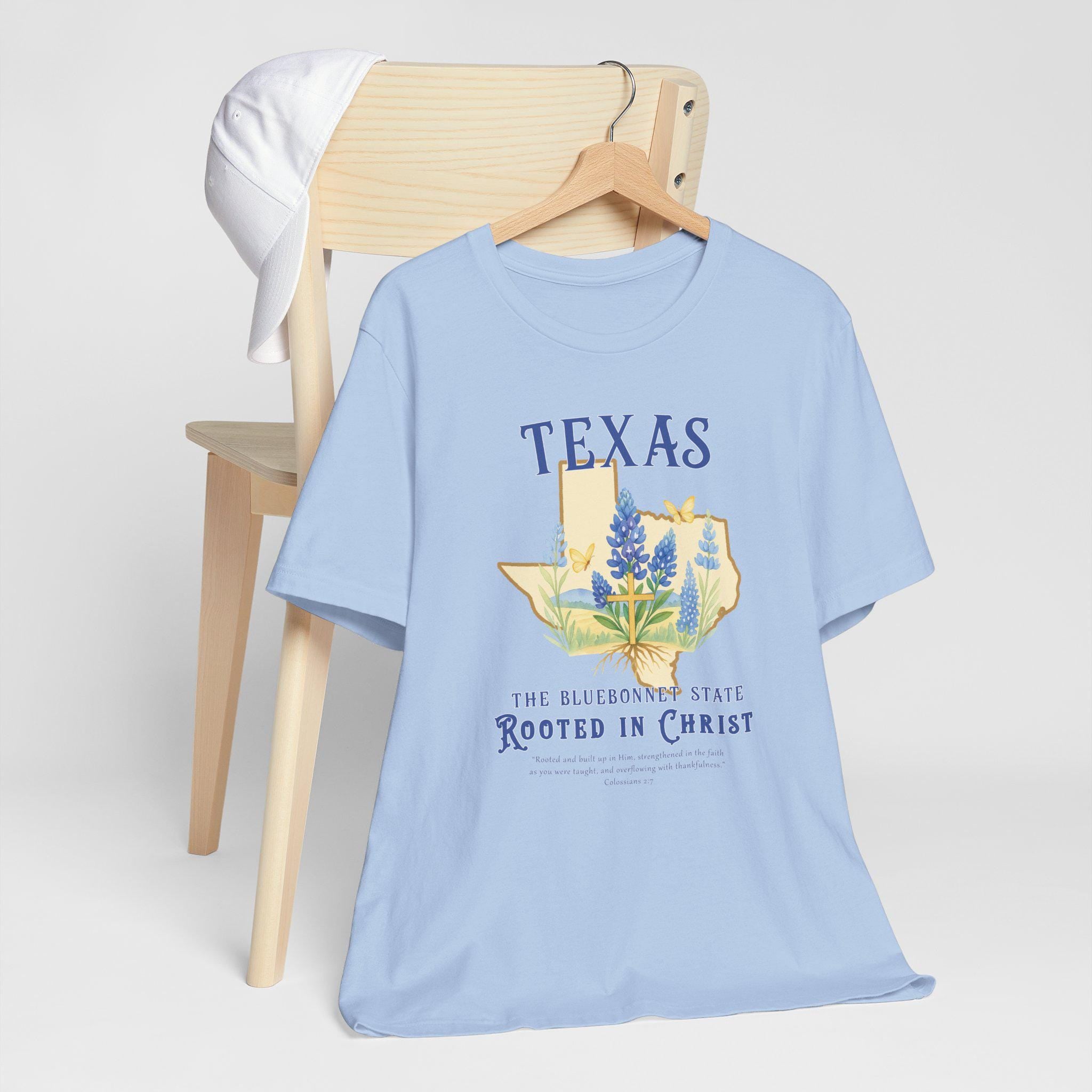 TX-Texas Bluebonnet, Rooted in Christ Ladies Christian Shirt, Colossians 27, Womens Faith Tee, Texas Pride, Bible Verse, God Bless America