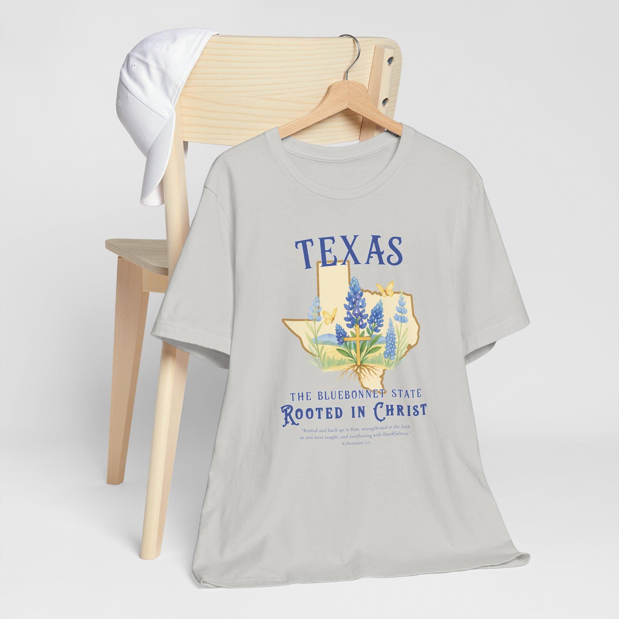 TX-Texas Bluebonnet, Rooted in Christ Ladies Christian Shirt, Colossians 27, Womens Faith Tee, Texas Pride, Bible Verse, God Bless America