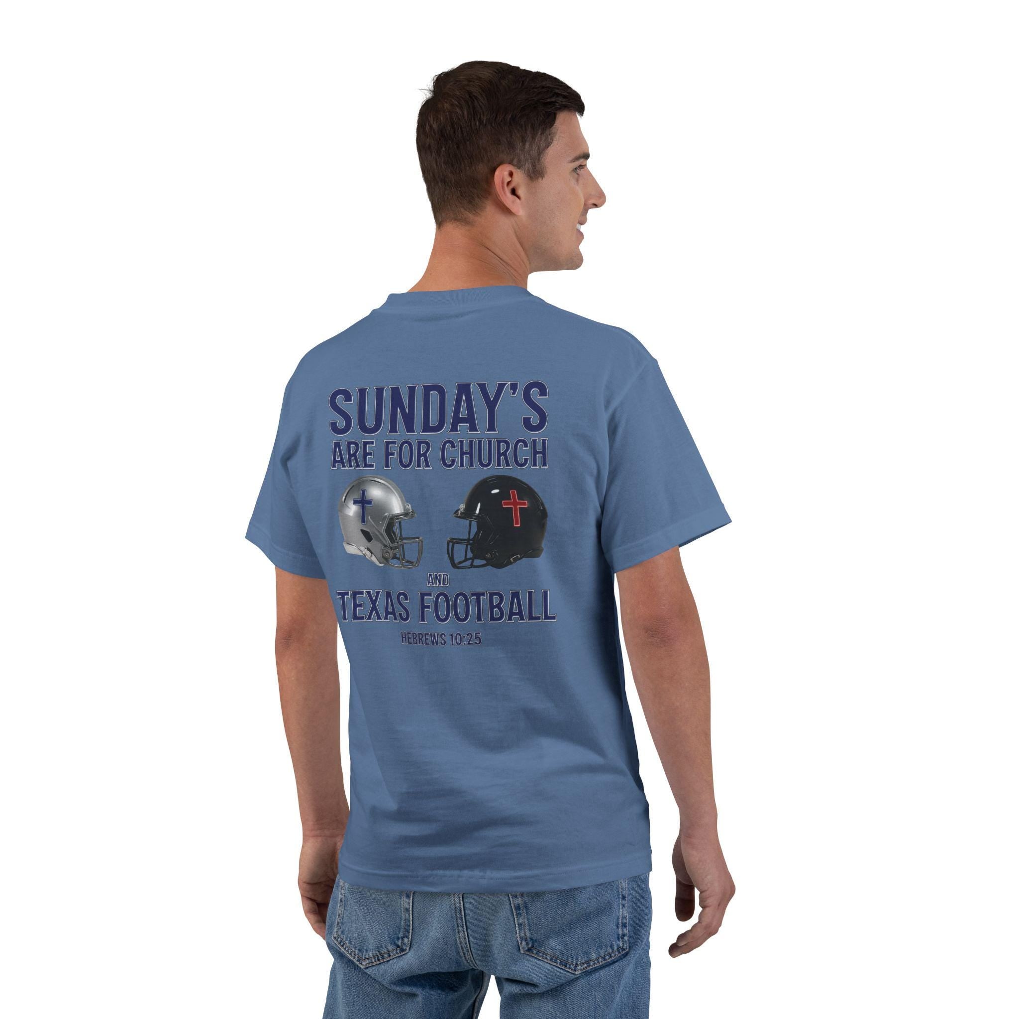TX-Sundays Are for Church and Texas Football, Christian T Shirt, Hebrews 1025, Jesus and Football Tee, God Bless America Collection, Texas T