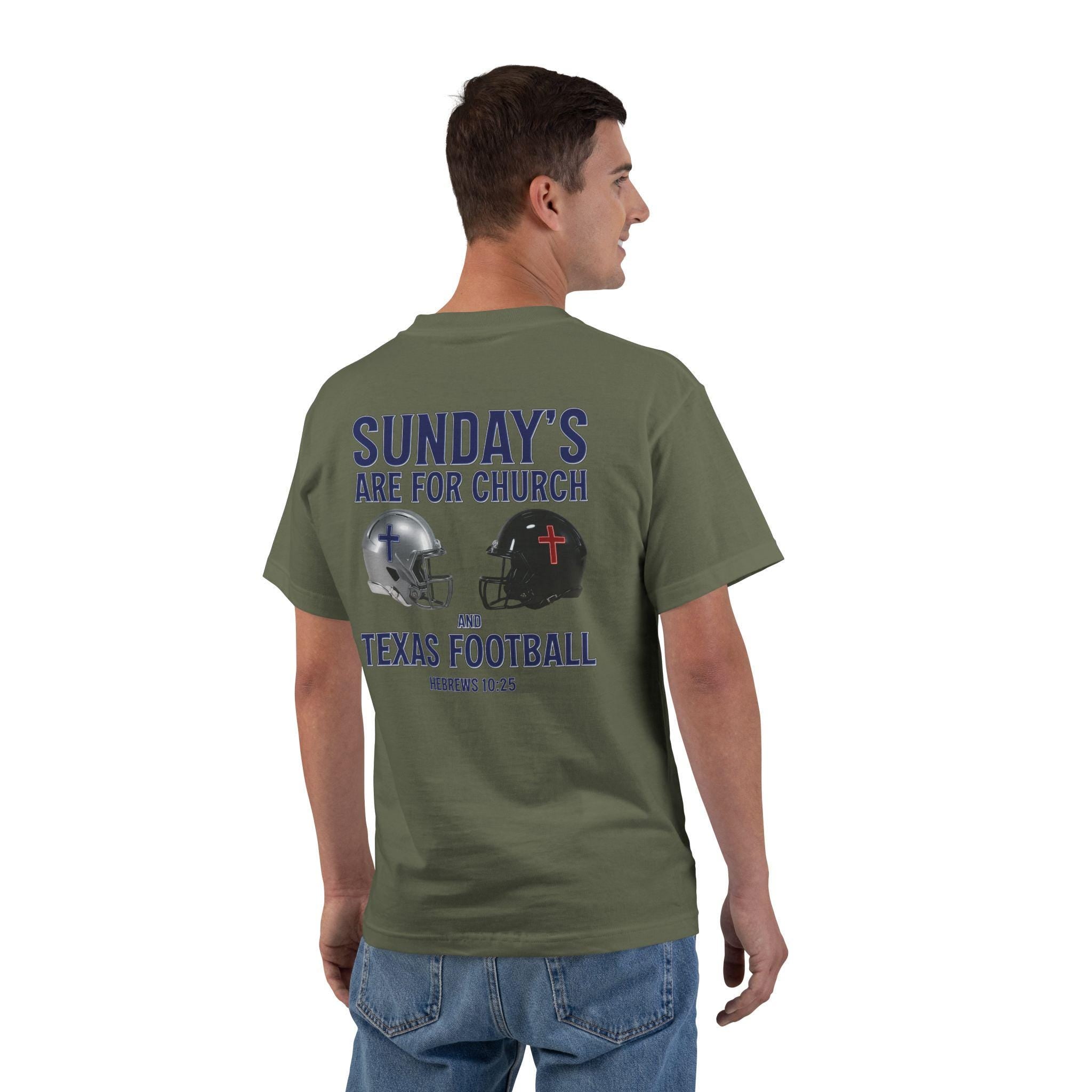 TX-Sundays Are for Church and Texas Football, Christian T Shirt, Hebrews 1025, Jesus and Football Tee, God Bless America Collection, Texas T