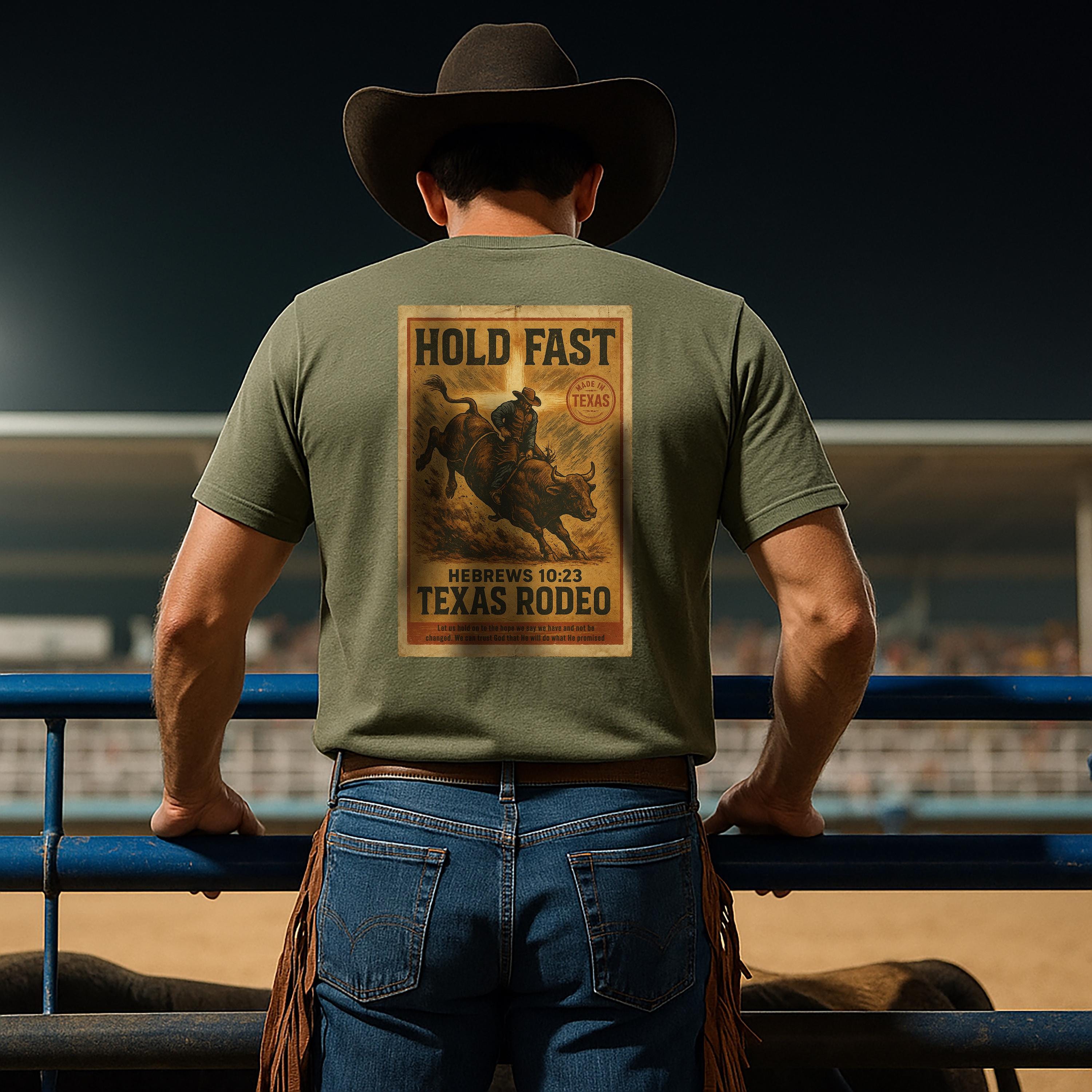 TX-Hold Fast Texas Rodeo, Christian Shirt, Hebrews 1023, Bull Rider T Shirt, Cowboy Faith Apparel, Jesus Saves, God Bless America Collection