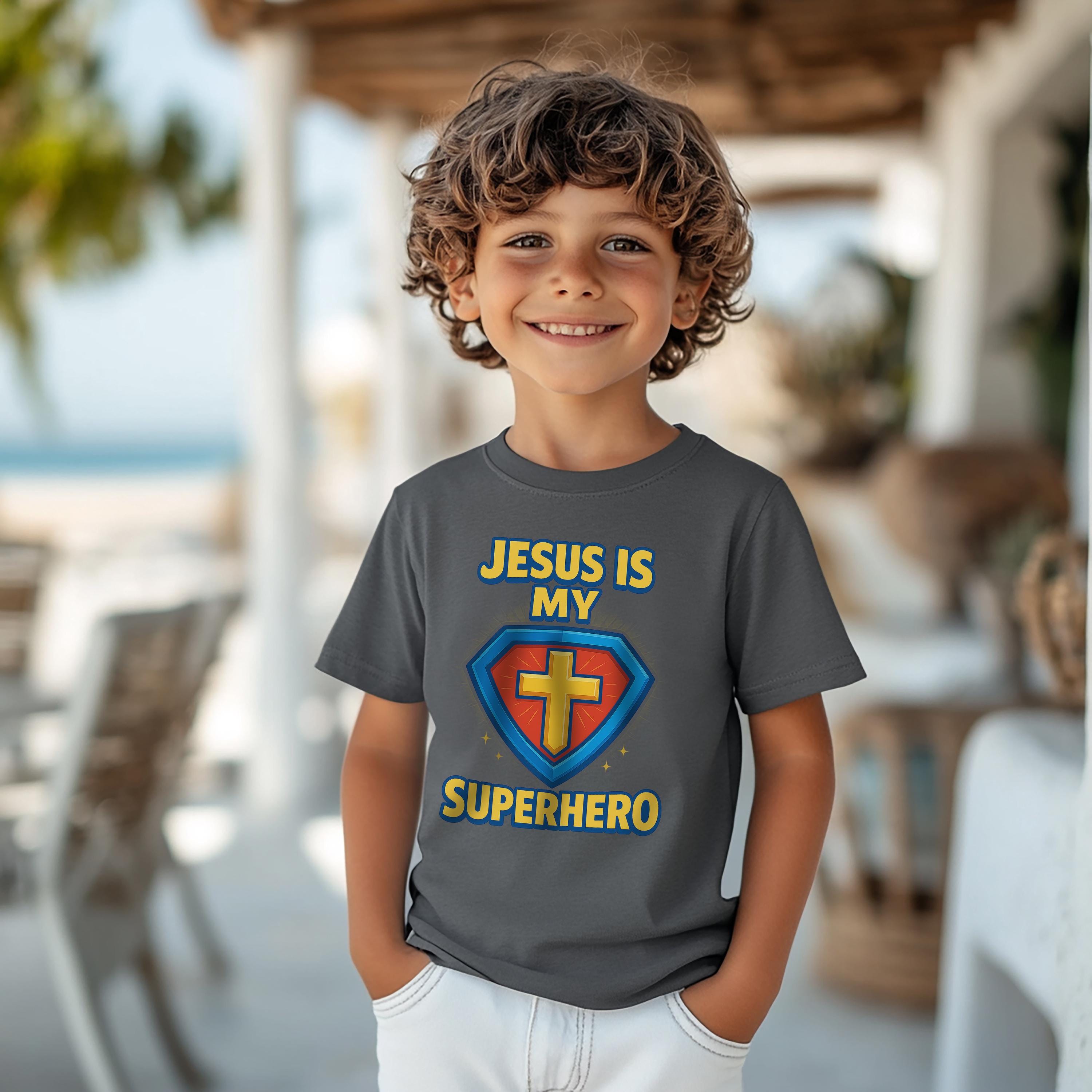 Jesus Is My Superhero Kids Shirt, Christian Youth Tee with Shield and Cross, Fun Bible Shirt for Boys and Girls, Faith Hero T-shirt