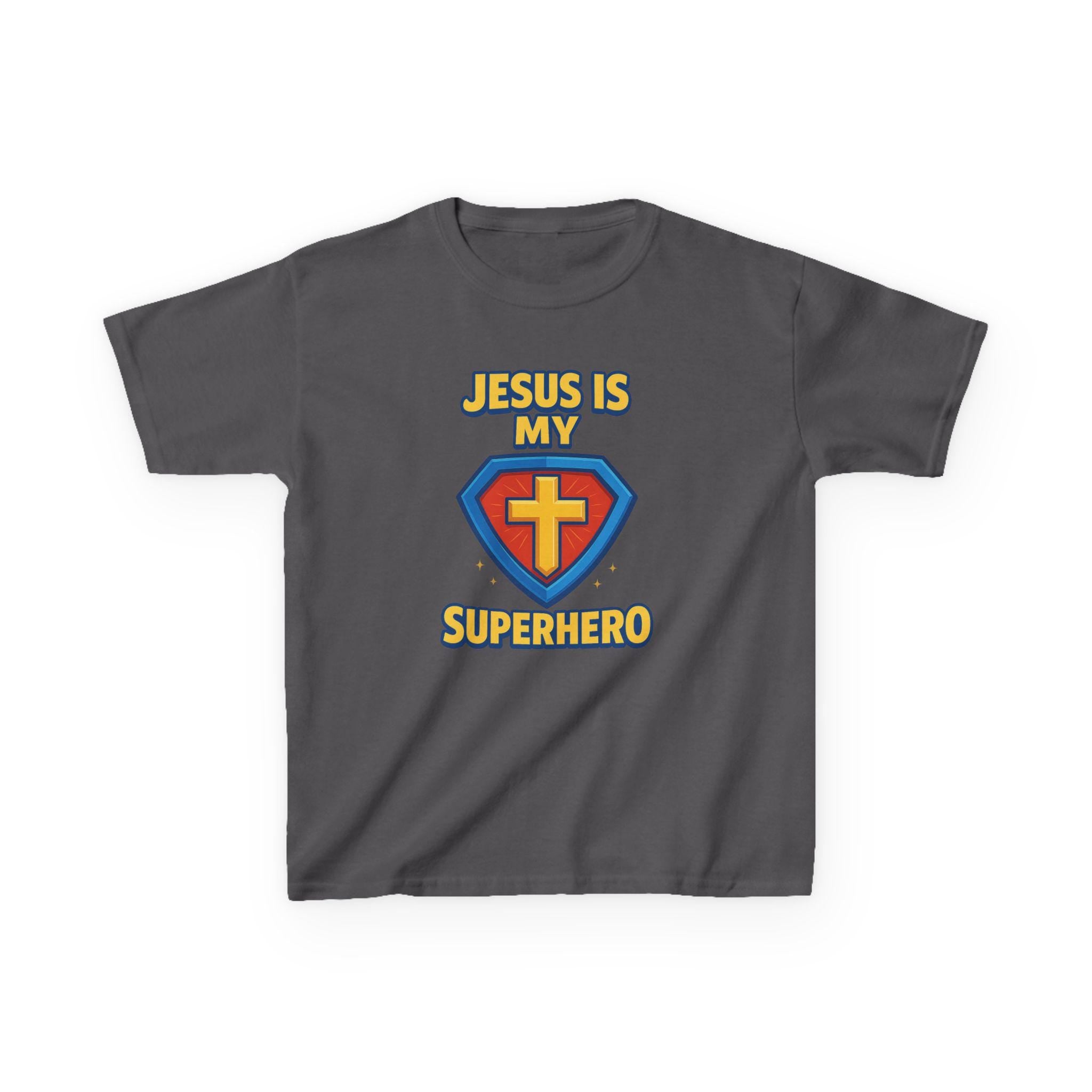 Jesus Is My Superhero Kids Shirt, Christian Youth Tee with Shield and Cross, Fun Bible Shirt for Boys and Girls, Faith Hero T-shirt