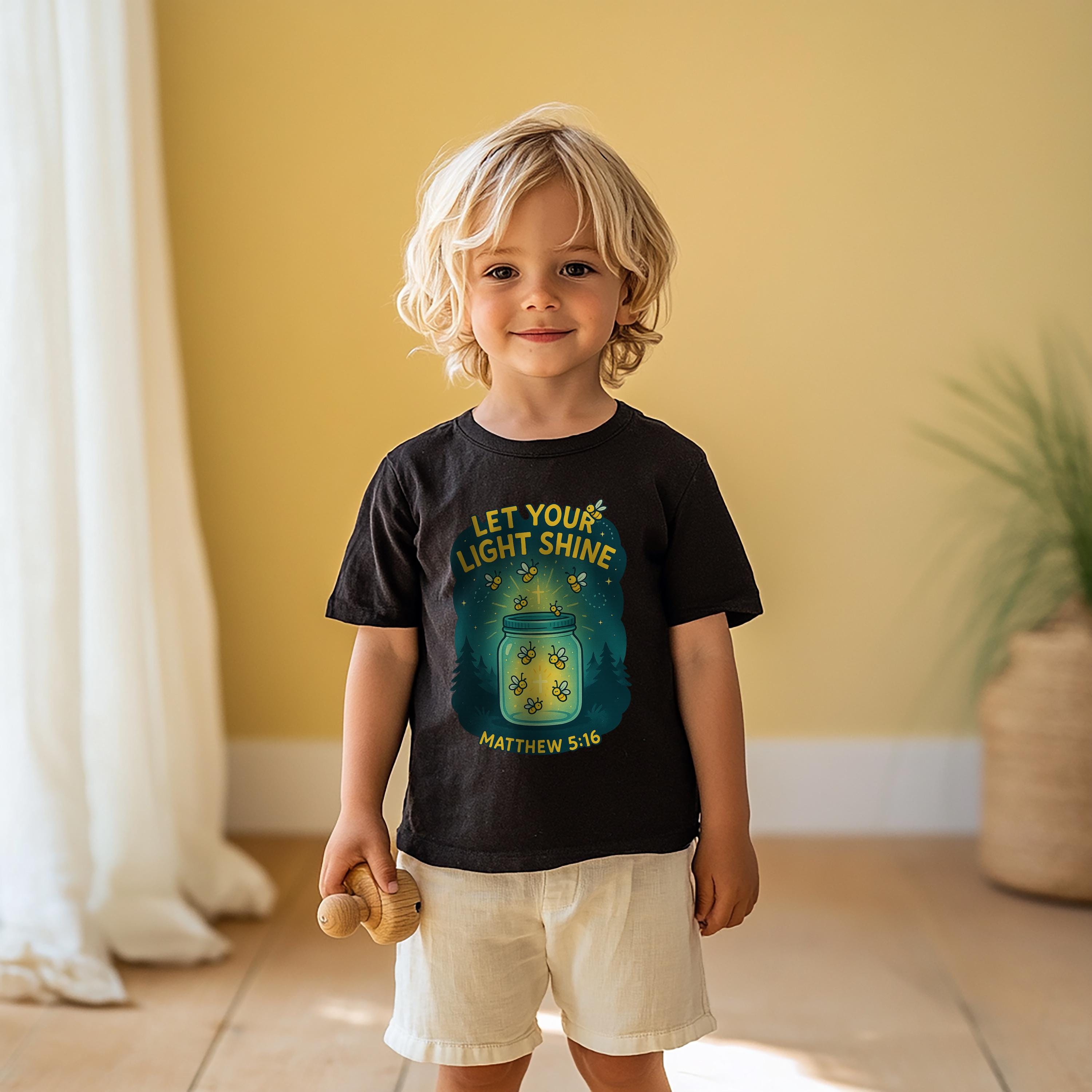 Let Your Light Shine Kids Christian Shirt, Matthew 516, Firefly Jar Tee, Cute Bible Verse T-shirt for Boys and Girls, Faith Kids Apparel