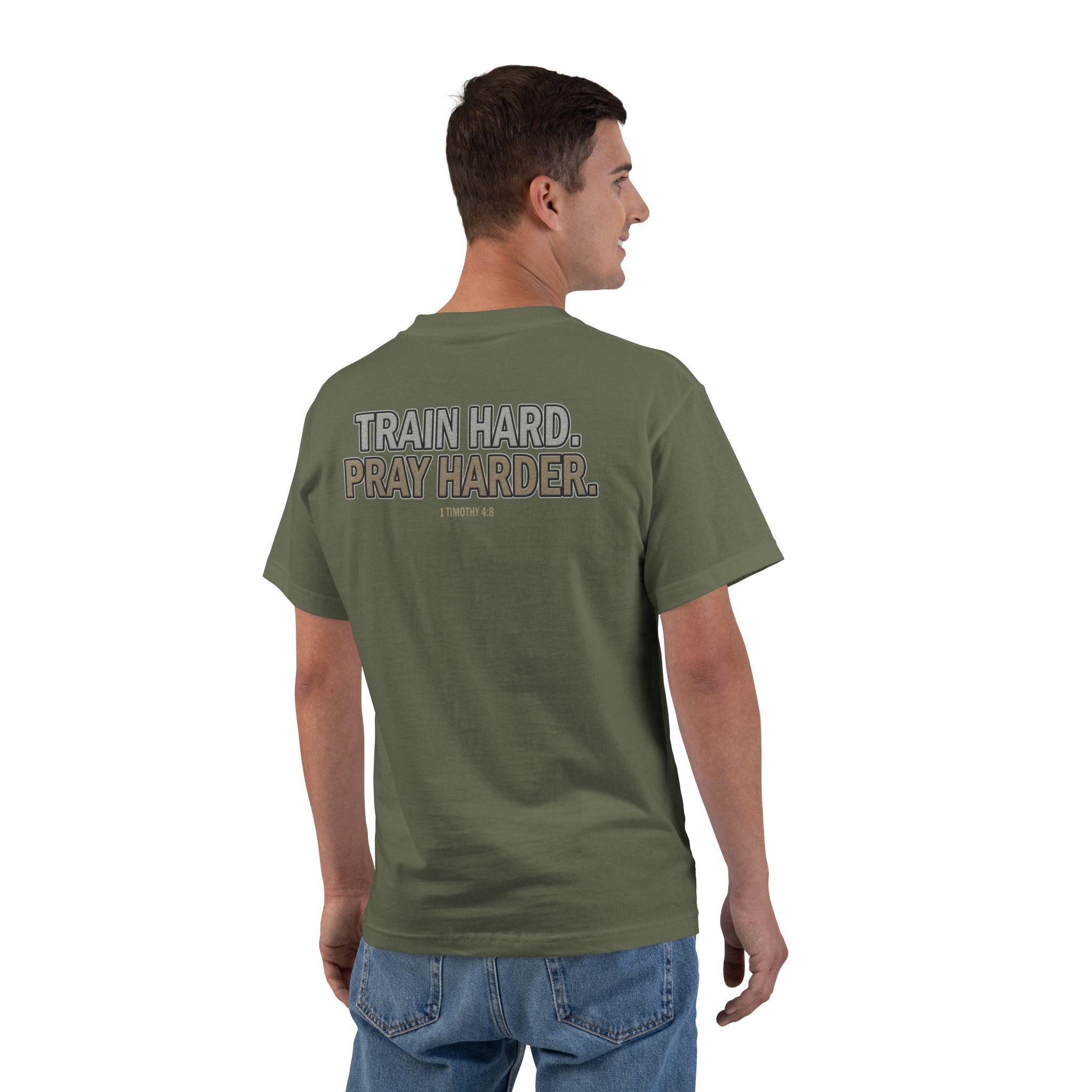 Train Hard Pray Harder Shirt - Christian Fitness T-Shirt, Faith Gym Tee, 1 Timothy 48 Bible Verse Workout Apparel, T-Shirt for Men and Women
