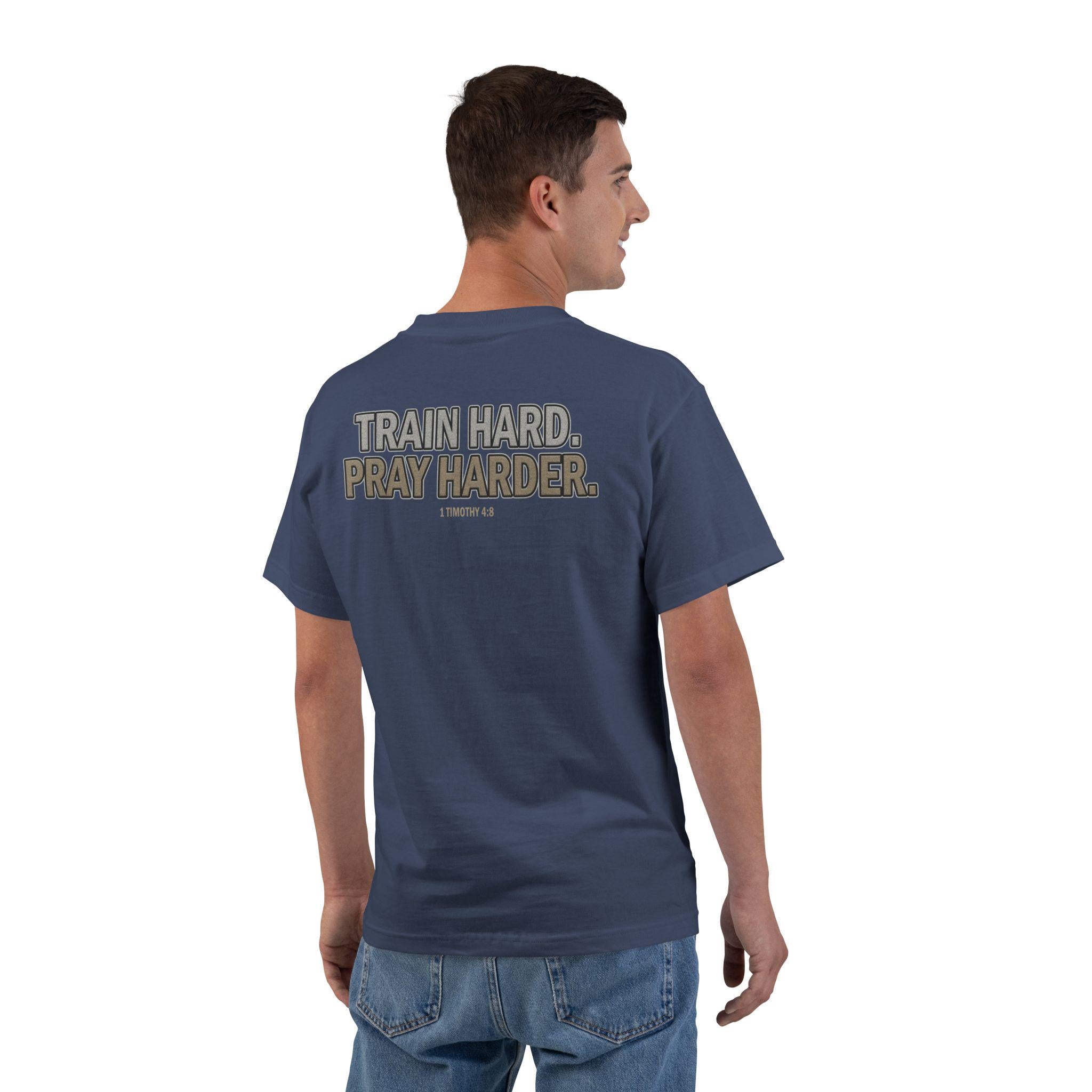 Train Hard Pray Harder Shirt - Christian Fitness T-Shirt, Faith Gym Tee, 1 Timothy 48 Bible Verse Workout Apparel, T-Shirt for Men and Women