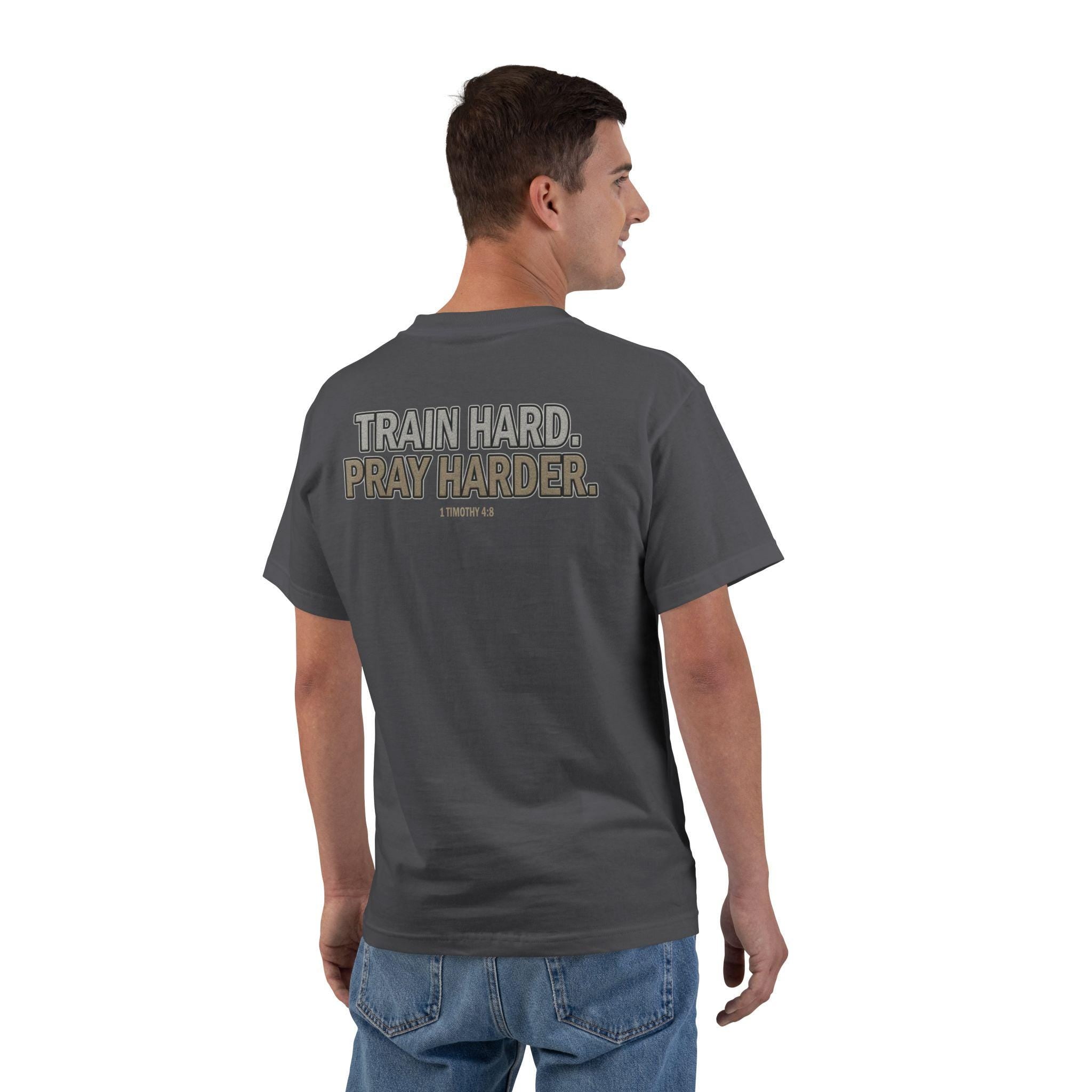 Train Hard Pray Harder Shirt - Christian Fitness T-Shirt, Faith Gym Tee, 1 Timothy 48 Bible Verse Workout Apparel, T-Shirt for Men and Women