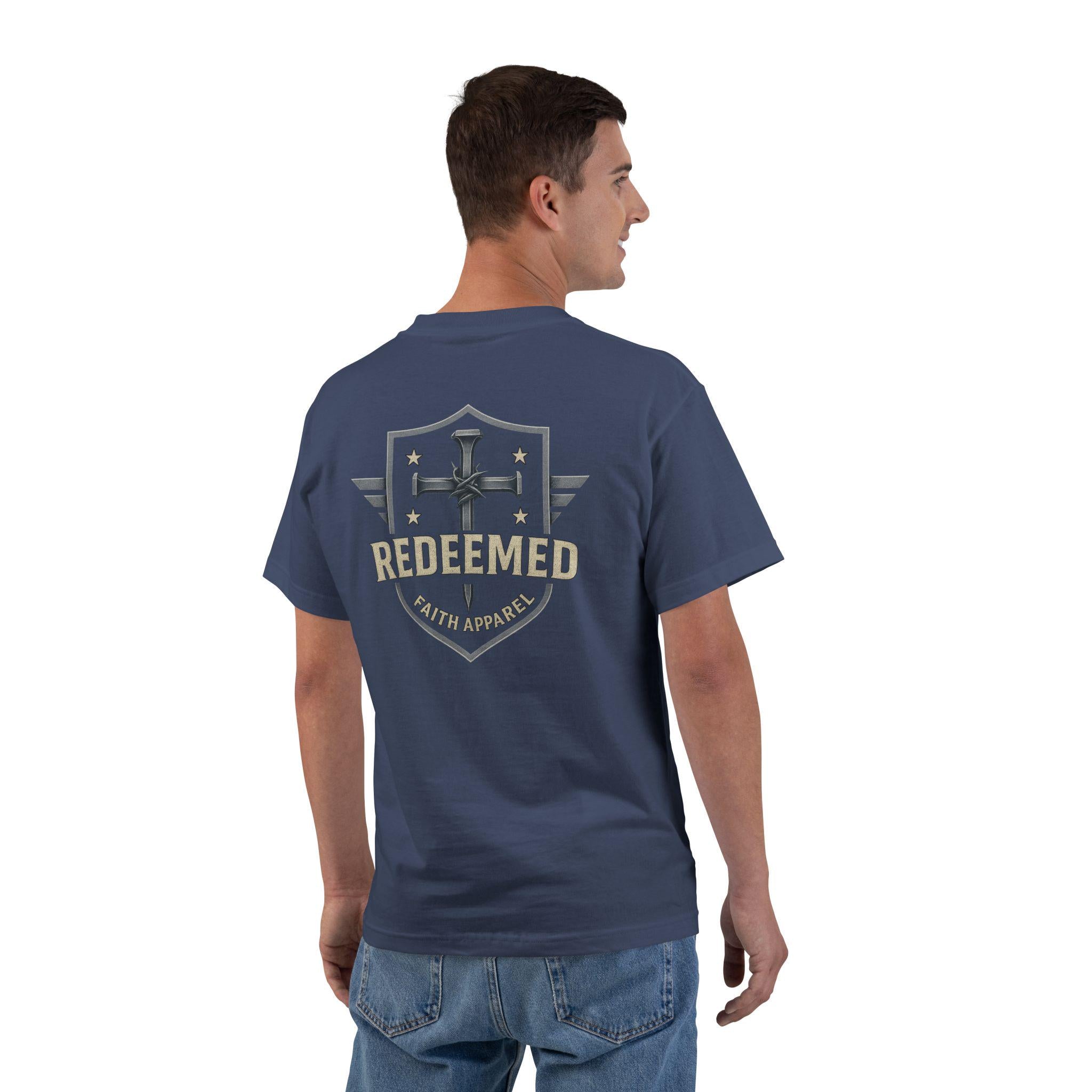 Redeemed Faith Apparel Logo Tee: Christian Cross & Shield Design